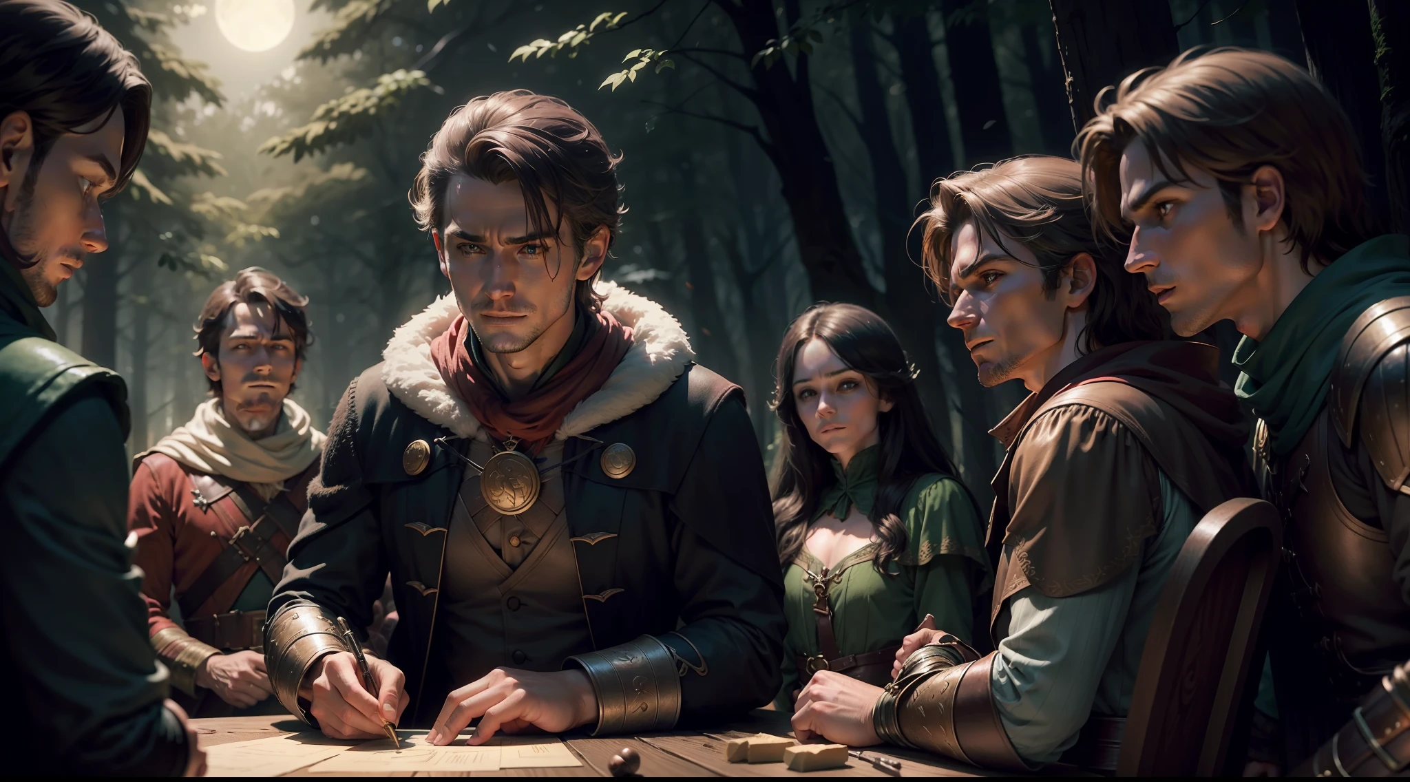 In a moonlit clearing within Sherwood Forest, Robin and his loyal band plan their next move, hatching a daring plot to liberate the oppressed with their cunning tactics.