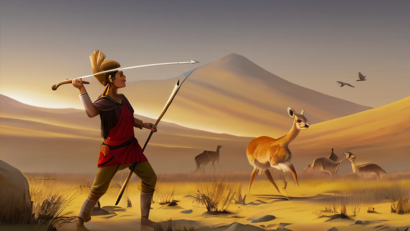painting of a woman in ancient material outfit holding a spear and a stick, A vicuña in the Andes Mountains, realistic photography paleoart, paleoart, anthropomorphic deer female, goddess of the hunt, realistic paleoart, holding a spear, paleo art, ancient libu princess, 1 2 0 0 bc, by László Balogh