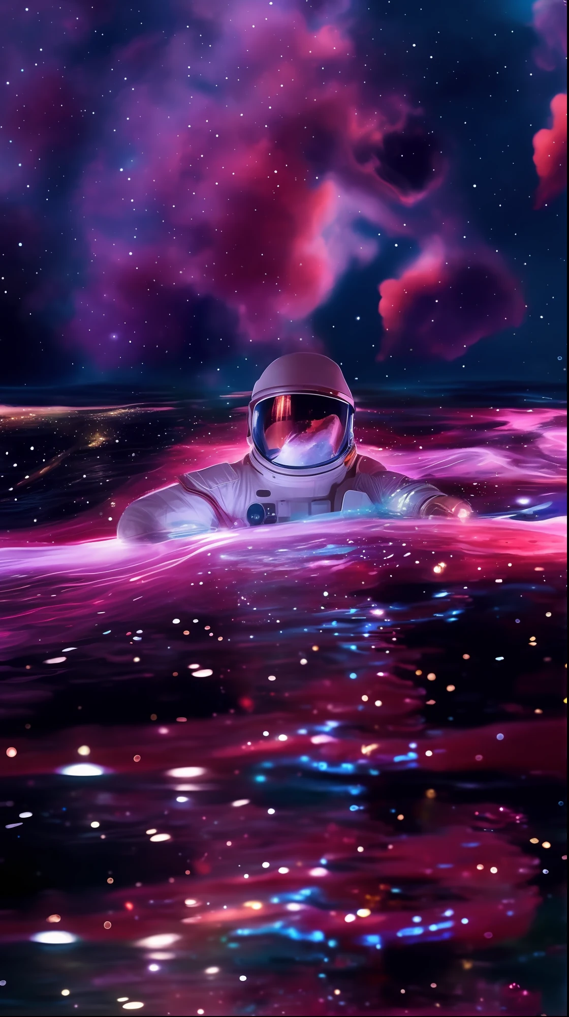 A closeup of a space man floating in a body of water, floating in the space, floating in outer space, floating in a cosmic nebula, floating in deep space, Flutuando na Nebulosa do Cosmos, flutuando no universo, floating in the space, floating across the cosmic ocean, flutuando em uma nebulosa, floating through space, drifting in space, Swimming in space, surreal space