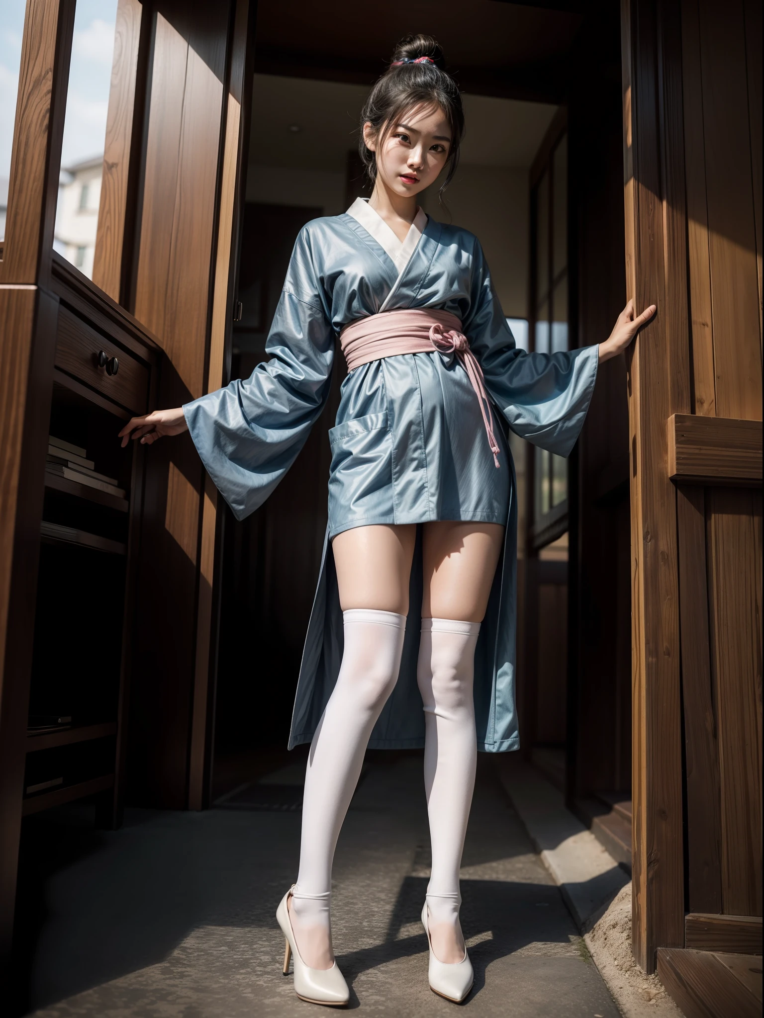 Splitting characters is prohibited,(Full body shot:1.3), Must show your face, anatomy correct, high-heels,Over-the-knee socks are mandatory, Colorful Japan kimono, A shallow laugh, Complex and diverse backgrounds,Strangling effect,hyper HD, Ray traching, structurally correct, Award-Awarded, high detal, lightand shade contrast, Face lighting,cinmatic lighting, tmasterpiece, super detailing, high high quality, high detal, best qualityer, 16k