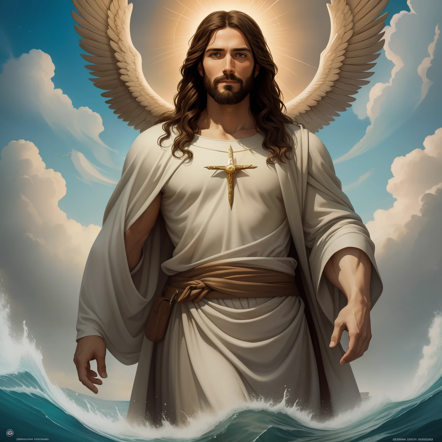A beautiful ultra-thin realistic portrait of Jesus, the prophet, a man 35 years old Hebrew brunette, short brown hair, real perfect eyes, long brown beard, with, Helping People , wearing long linen tunic closed on the chest part, in front view, full body, biblical, realistic,by Diego Velázquez,Peter Paul Rubens,Rembrandt,Alex Ross,8k, Concept Art, PhotoRealistic, Realistic,  Illustration, Oil Painting, Surrealism, HyperRealistic, helping people , Digital art, style, watercolorReal Jesus flying on sky with a flying cloud in the background, Jesus walking on water, biblical illustration, epic biblical representation, forcing him to flee, coming out of the ocean, ! holding in hand!, disembarking, god of the ocean, beautiful representation, 8k 3D Model, realistic,
a 3D Realistic of jesus with a halo in the sky, jesus christ, smiling in heaven, portrait of jesus christ, jesus face, 35 young almighty god, portrait of a heavenly god, greg olsen, gigachad jesus, jesus of nazareth, jesus, the face of god, god looking at me, he is greeting you warmly, he is happy, avatar image