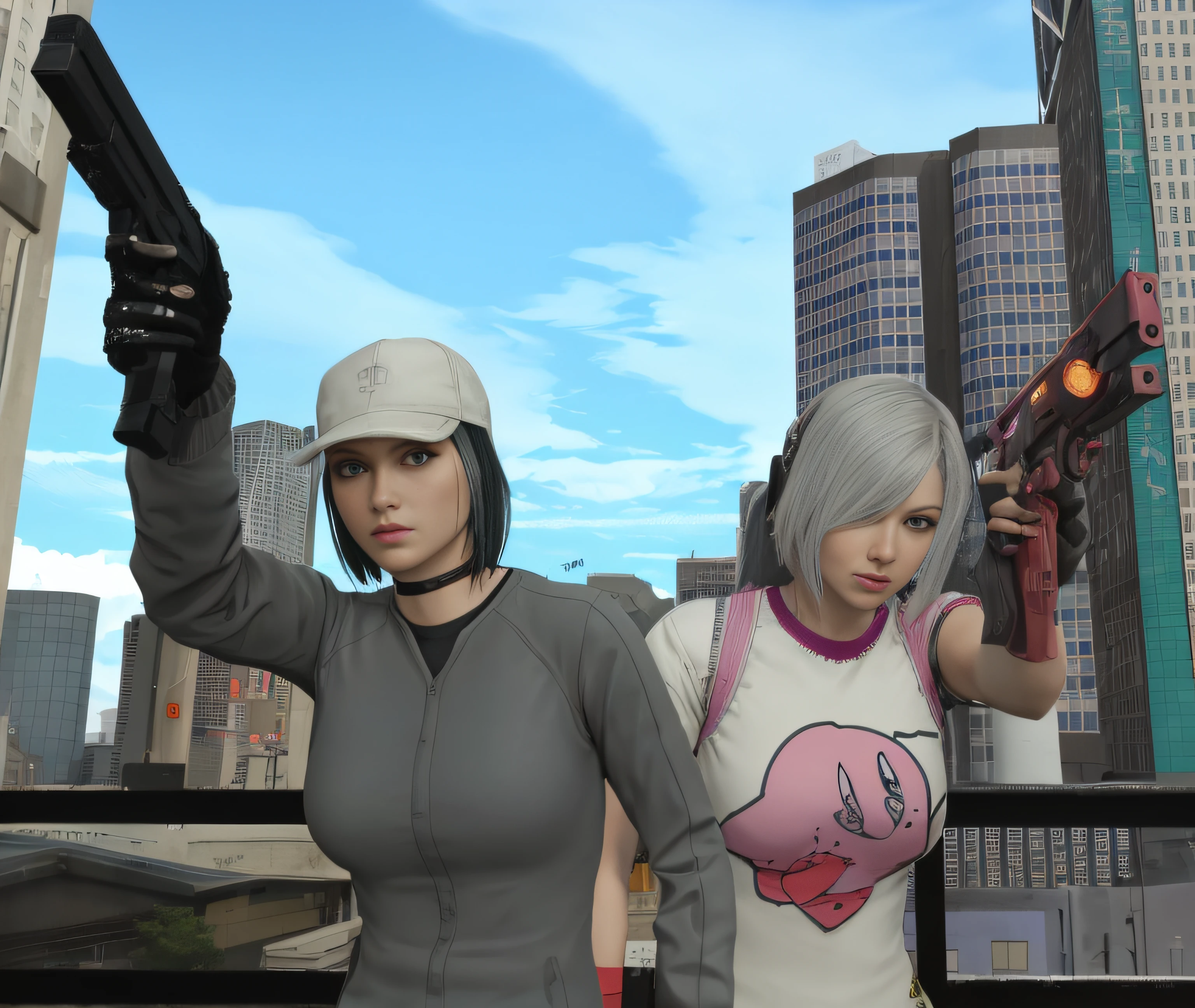 There are two women with guns in front of a city, PS 2 captura de tela, rosas rumble, <Cena MMORPGS, Grand Theft Auto Estilo, GMD, 3rd person shooter, medium shot of two characters, Captura de tela de jogabilidade de moda, in - jogo, no jogo, action scene screenshot, videogame ainda, Ayami Kojima e Lyde Caldwell, gta artstyle,  Motor irreal : : maquiagem, Retrato de Jinx de Arcane, menina atraente,  gatinha, gatinha jovem bonita,  com o rosto muito detalhado,