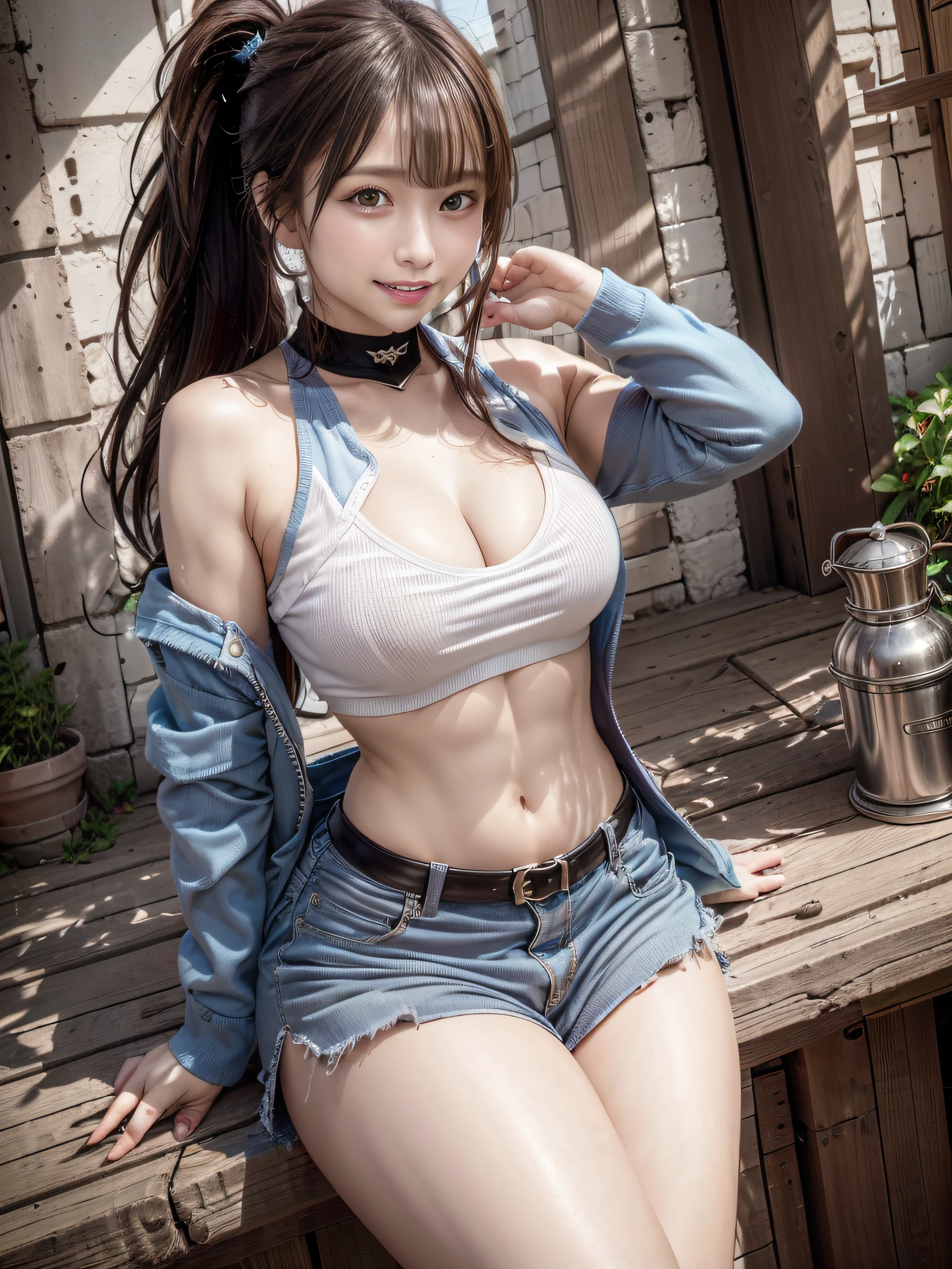 Exquisite masterpiece, (ultra-quality: 1.32), (The ultra -The high-definition: 1.4), (超A high resolution: 1.3), (CG Unity 8K wallpaper: 1.2), (Detailed eyes and skin: 1.35), (detailed facial features: 1.25), (Detailed pupil: 1.36), precise and perfect human body structure, (Textured skin: 1.26),
hyper realistic photography, (Raw photos that won many awards: 1.27), depth of fields, Cinematic lighting,
((Ponytail: 1.47)), Brown hair, (Blue eyes: 1.28)), thick bangs, Blue Ribbon, Show white teeth and smile, cleavage, large and lush breasts, Attractive thighs, abdominals, Shiny skin, juicy thighs, Beautiful legs,
((adventurer:1.4)), Tank Tops、jaket、hotpants、long boots、Forest Treasure Hunter、looking for treasure、