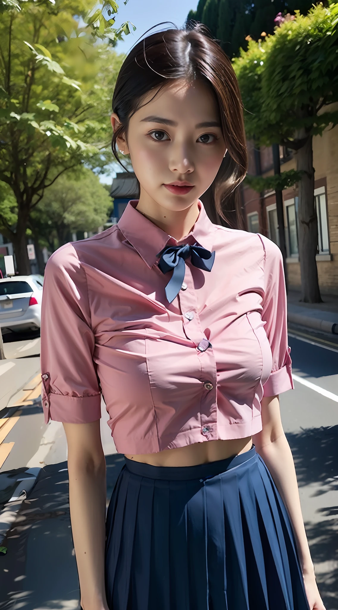 a bow tie、Short dark blue pleated skirt、panthyhose、A sexy、Legs are visible