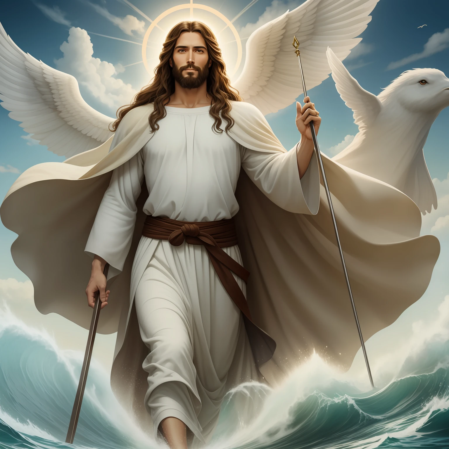 A handsome god Jesus christ ( jesus) blessing to the sky 35 years old with a long brown hair and long beard, healing woman, heaven blessings light with a cross background) happy face, realistic 8k,A beautiful ultra-thin realistic portrait of Jesus, the prophet, a man 35 years old Hebrew brunette, short brown hair, real perfect eyes, long brown beard, with, Helping People , wearing long linen tunic closed on the chest part, in front view, full body, biblical, realistic,by Diego Velázquez,Peter Paul Rubens,Rembrandt,Alex Ross,8k, Concept Art, PhotoRealistic, Realistic, Illustration, Oil Painting, Surrealism, HyperRealistic, helping people , Digital art, style, watercolorReal Jesus flying on sky with a flying cloud in the background, Jesus walking on water, biblical illustration, epic biblical representation, forcing him to flee, coming out of the ocean, ! holding in hand!, disembarking, god of the ocean, beautiful representation, 8k 3D Model, realistic,
a 3D Realistic of jesus with a halo in the sky, jesus christ, smiling in heaven, portrait of jesus christ, jesus face, 35 young almighty god, portrait of a heavenly god, greg olsen, gigachad jesus, jesus of nazareth, jesus, the face of god, god looking at me, he is greeting you warmly, he is happy, avatar image