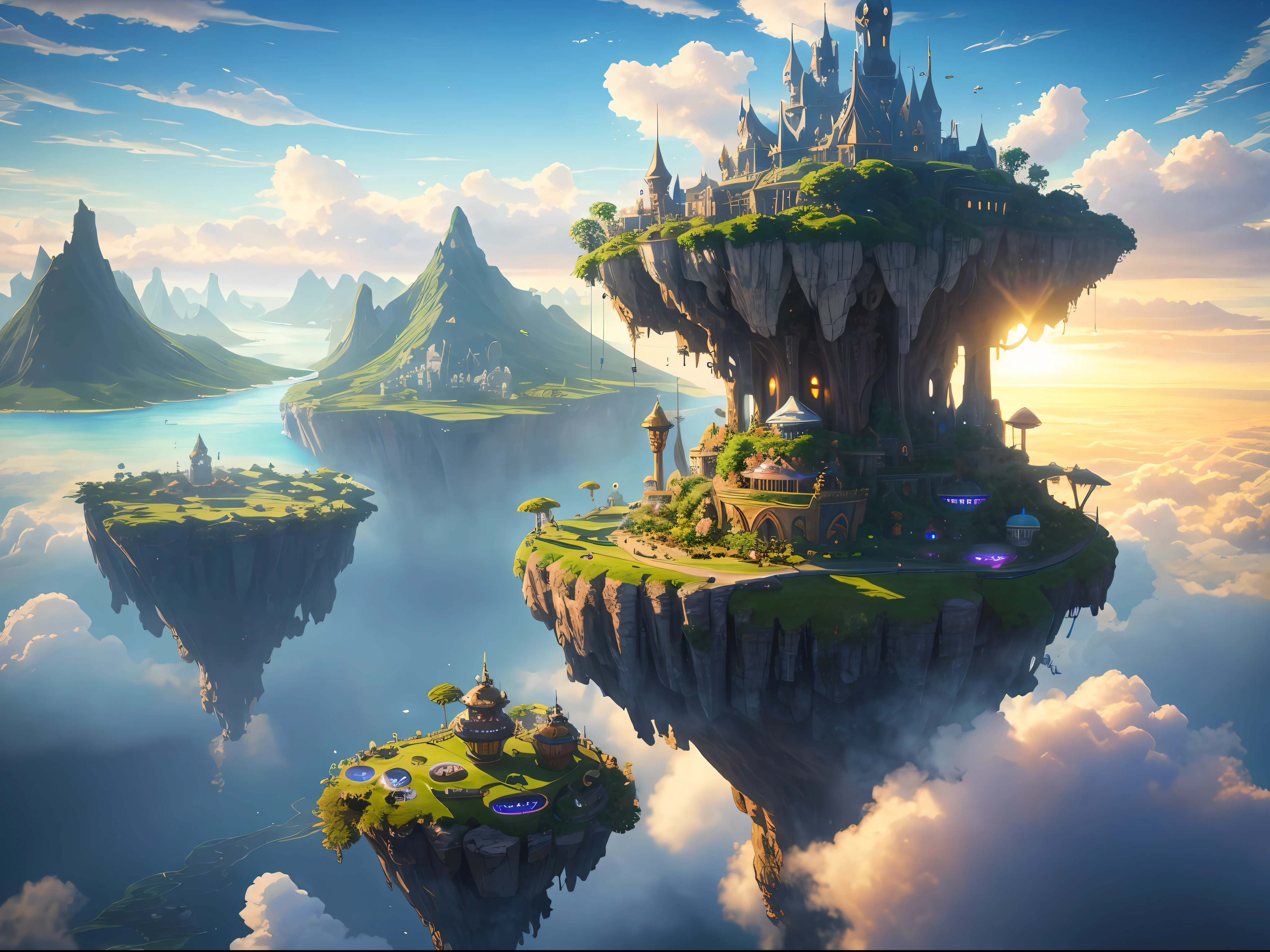 Many islands are suspended in the air with many small airships flying around, cities, fantasy, magical plants growing, misty, extreme details, realistic light, epic composition, (complex details), (complex design, ultra-details :1.2), Art Station, (Masterpiece, Best Quality), Ultra HD, 32k --v 6
