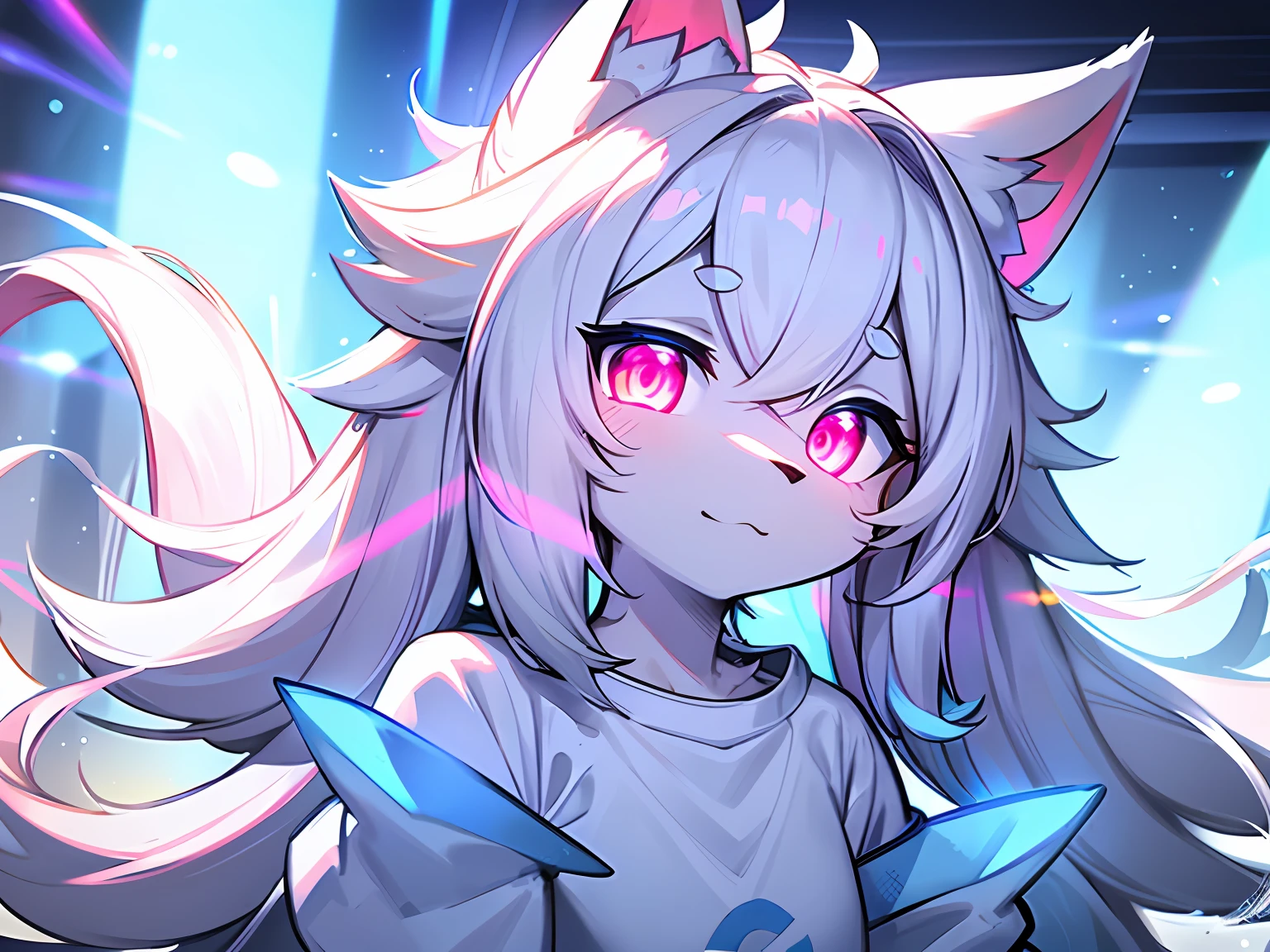 hairy pubic,White fur,hyper cute face,Light blue element on fur,Glowing pink eyes,White T-shirt,Nice tail,Beautiful lights and shadows,ambient lights,Ultra-fine fur,volumettic light