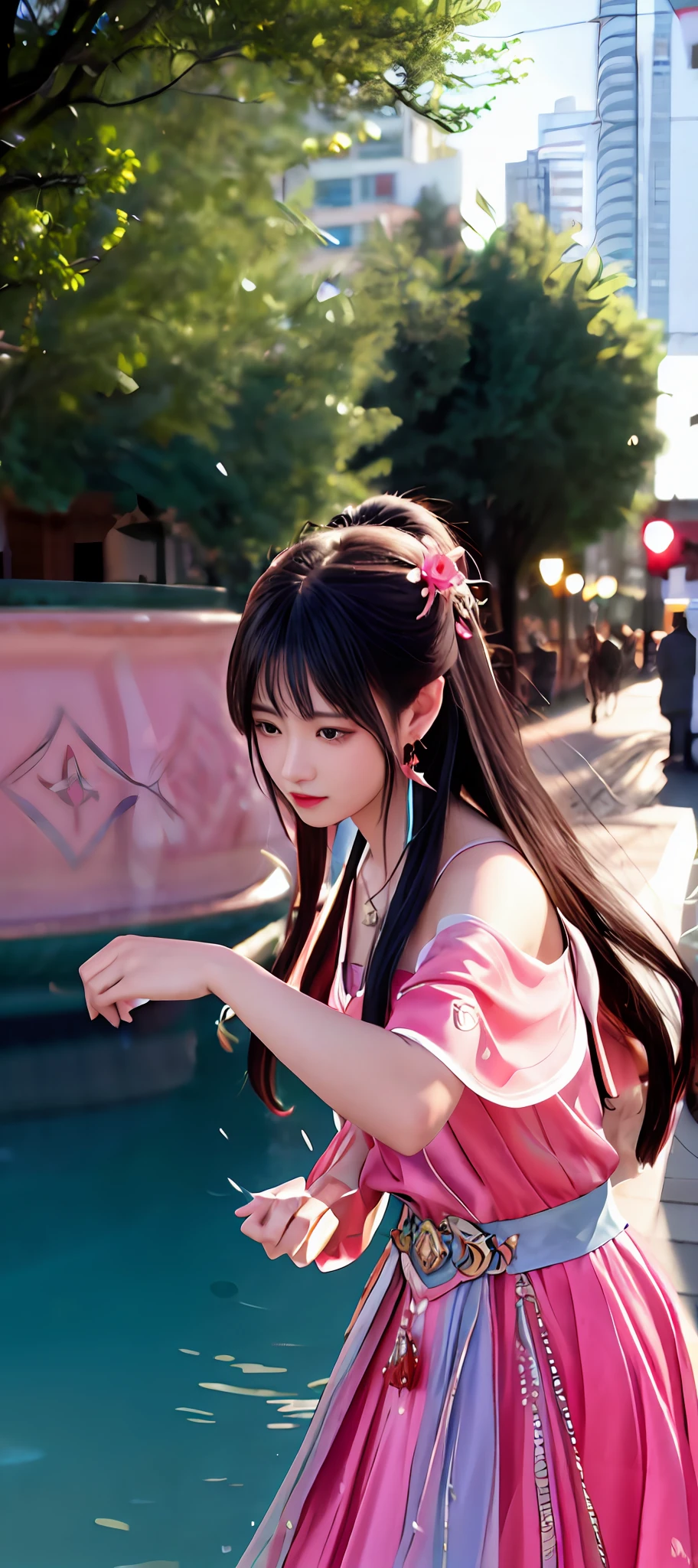 realisticity: 1.2), best quality, masterpiece, highres, super detail, ultra detail, cg, 1girl, weapon, sword, long hair, dress, water, solo, jewelry, red dress, earrings, hair ornament, splashing, upper body super realistis, hair bun, blue and pink hair, city backgraun realistis, lighting,candid, Photograph, high resolution, 8k, 10k, Bokeh,