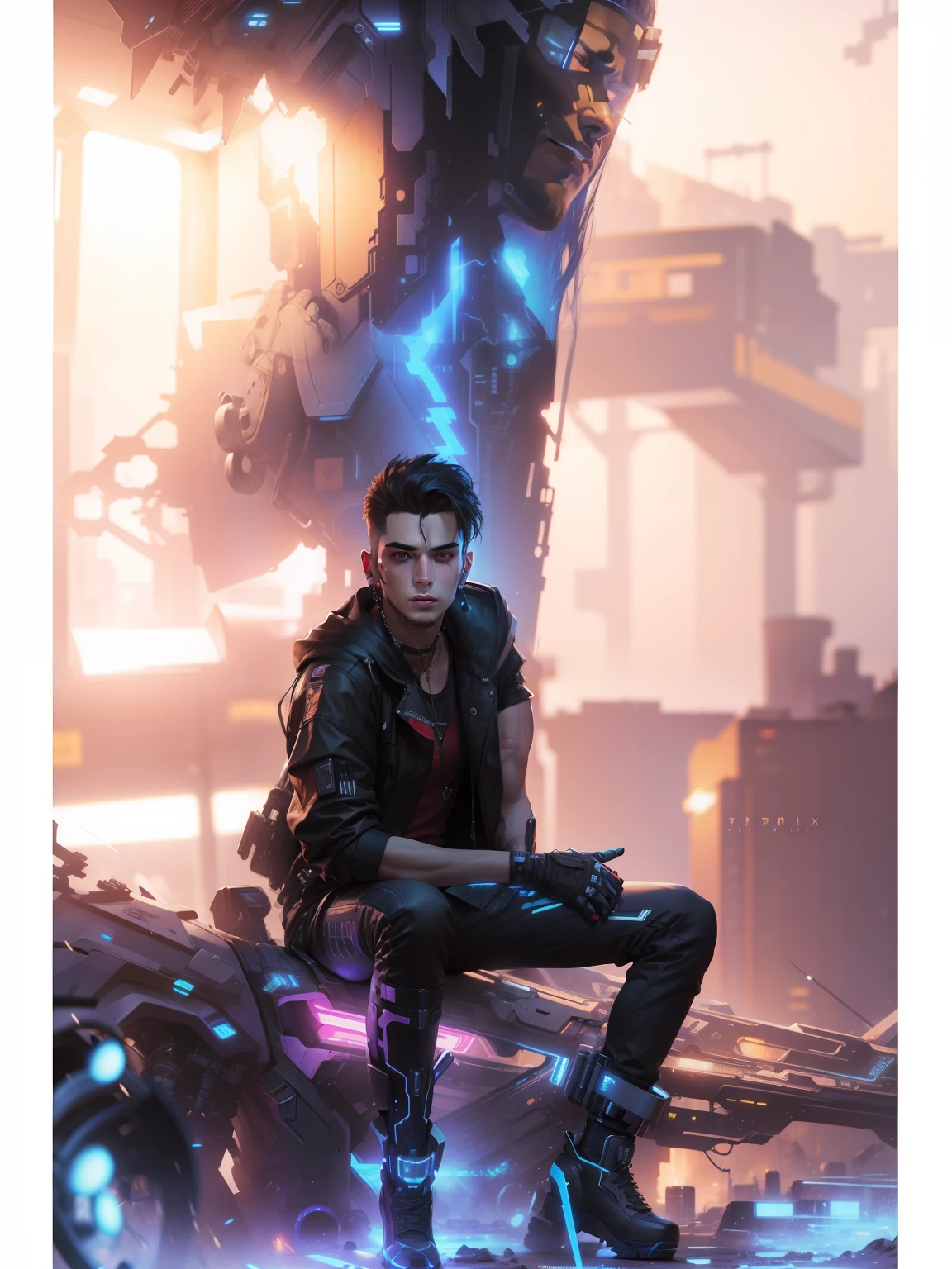 Change background cyberpunk handsome boy, realistic face, 8k, ultra realistic