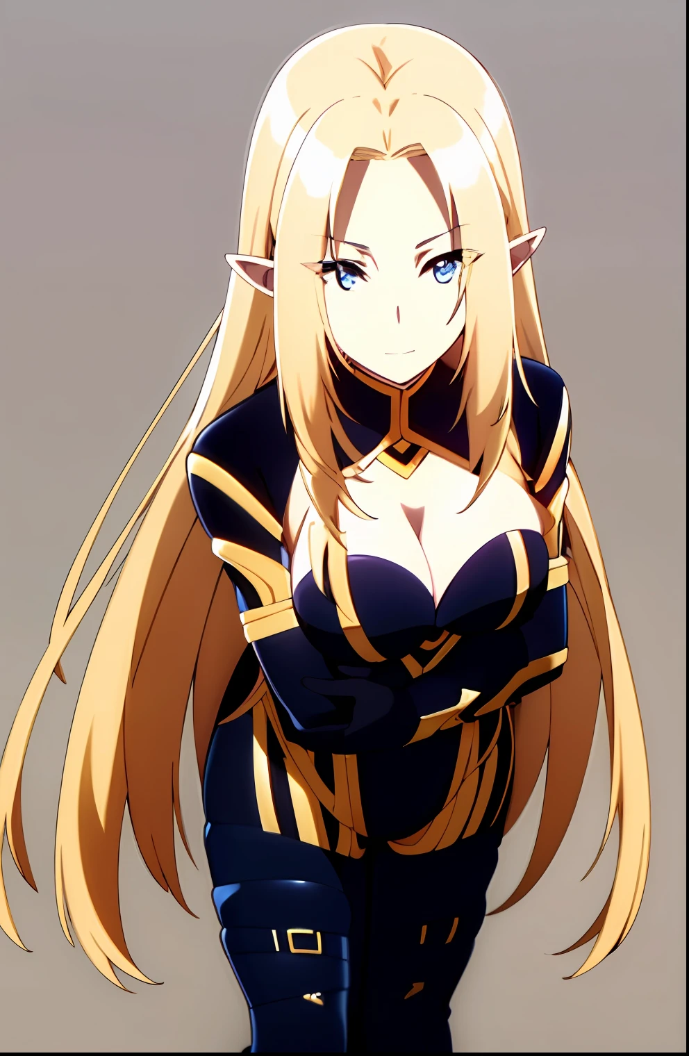 1girl, blonde_hair, blue_eyes, bodysuit, breasts, cleavage, closed_mouth, elf, long_hair, long_pointy_ears, looking_at_viewer, medium_breasts, pointy_ears, simple_background, smile, solo, very_long_hair,