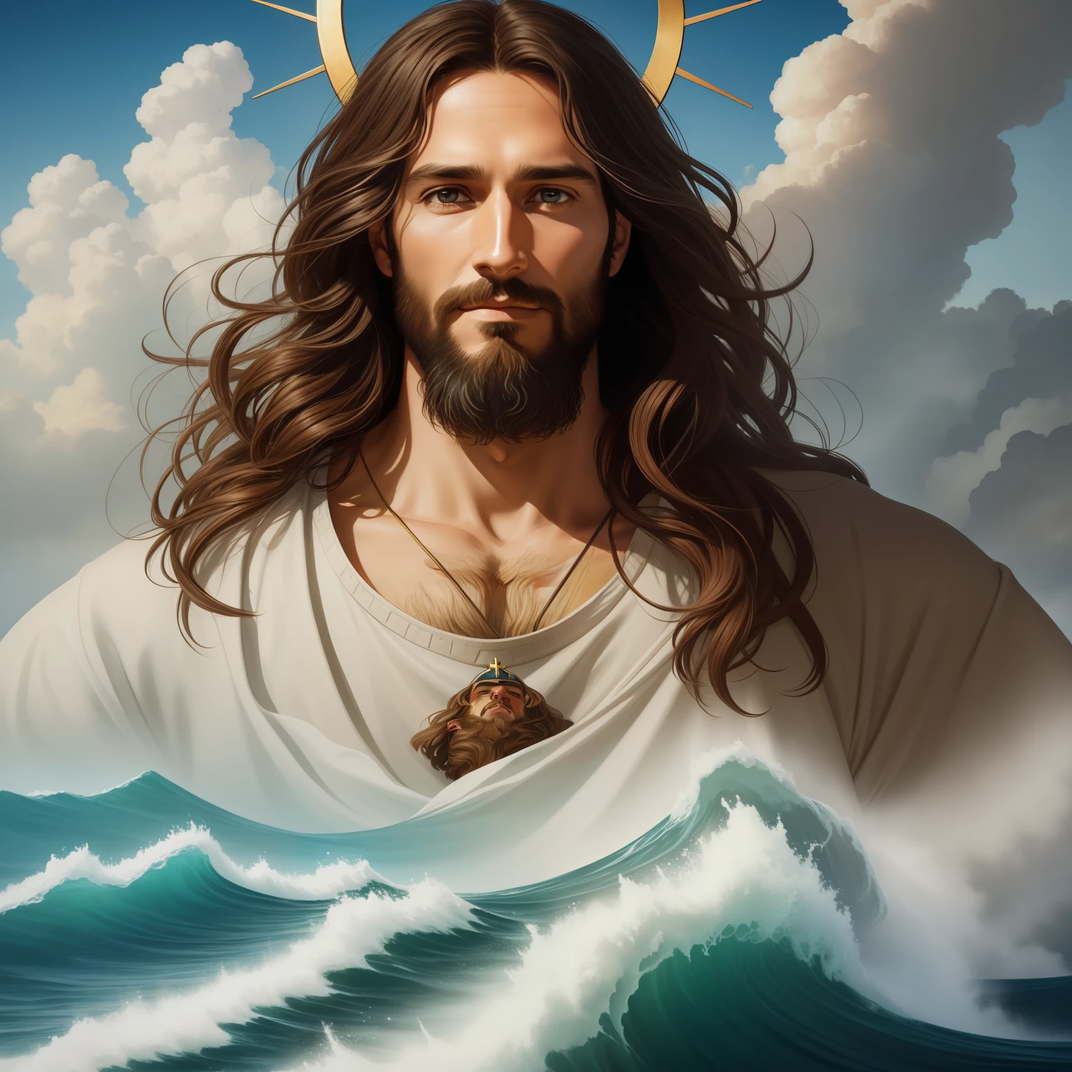 A handsome god Jesus christ ( jesus) blessing to the sky 35 years old with a long brown hair and long beard, healing woman, heaven blessings light with a cross background) happy face, realistic 8k,A beautiful ultra-thin realistic portrait of Jesus, the prophet, a man 35 years old Hebrew brunette, short brown hair, real perfect eyes, long brown beard, with, Helping People , wearing long linen tunic closed on the chest part, in front view, full body, biblical, realistic,by Diego Velázquez,Peter Paul Rubens,Rembrandt,Alex Ross,8k, Concept Art, PhotoRealistic, Realistic, Illustration, Oil Painting, Surrealism, HyperRealistic, helping people , Digital art, style, watercolorReal Jesus flying on sky with a flying cloud in the background, Jesus walking on water, biblical illustration, epic biblical representation, forcing him to flee, coming out of the ocean, ! holding in hand!, disembarking, god of the ocean, beautiful representation, 8k 3D Model, realistic,
a 3D Realistic of jesus with a halo in the sky, jesus christ, smiling in heaven, portrait of jesus christ, jesus face, 35 young almighty god, portrait of a heavenly god, greg olsen, gigachad jesus, jesus of nazareth, jesus, the face of god, god looking at me, he is greeting you warmly, he is happy, avatar image