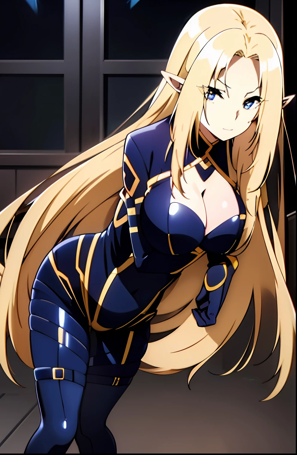 1girl, blonde_hair, blue_eyes, bodysuit, breasts, cleavage, closed_mouth, elf, long_hair, long_pointy_ears, looking_at_viewer, medium_breasts, pointy_ears, simple_background, smile, solo, very_long_hair,