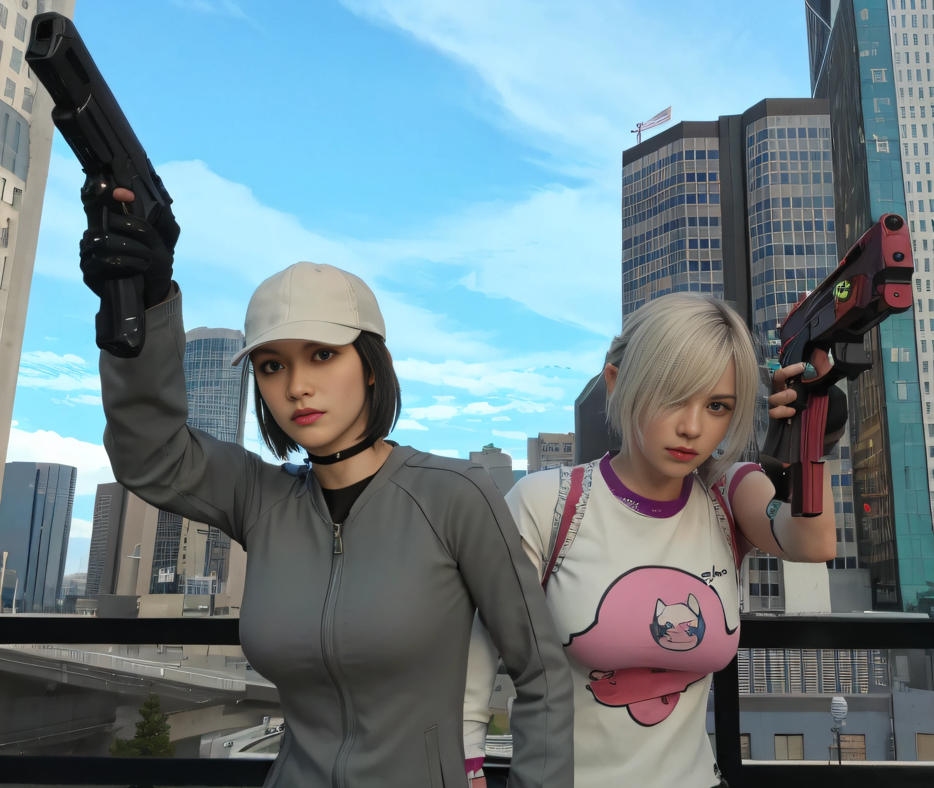 There are two women with guns in front of a city, PS 2 captura de tela, Rosas Rumble, <Cena MMORPGS, Grand Theft Auto Estilo, GMD, 3rd person shooter, medium shot of two characters, Captura de tela de jogabilidade de moda, in - jogo, No jogo, action scene screenshot, videogame ainda, Ayami Kojima e Lyde Caldwell, gta artstyle,  Motor irreal : : maquiagem, Retrato de Jinx de Arcane, menina atraente,  gatinha, gatinha jovem bonita,  com o rosto muito detalhado,