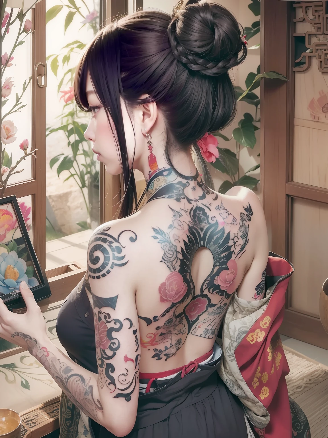 colourfull、(masterpiece best quality:1.4)、1girl in、(chinese text tattoos:1.5)、独奏、back tattoo、flower in hair、length hair、blue eyess、Look at viewers、The tattoo、from the rear、A dark-haired、tassels、bare shoulders、Hanfu、backs、bangss、The upper part of the body、耳Nipple Ring、Indoors、nape、off shoulders、jewely、Eye lashes、s lips、back focus、profile、Hair bun、sliding paper doors、piercings、Single hair bun、