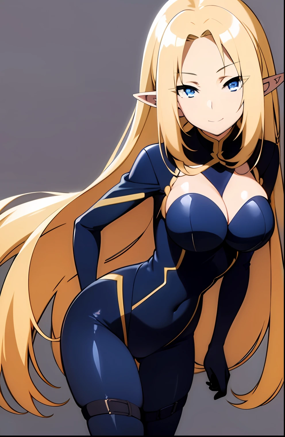 1girl, blonde_hair, blue_eyes, bodysuit, breasts, cleavage, closed_mouth, elf, long_hair, long_pointy_ears, looking_at_viewer, medium_breasts, pointy_ears, simple_background, smile, solo, very_long_hair,