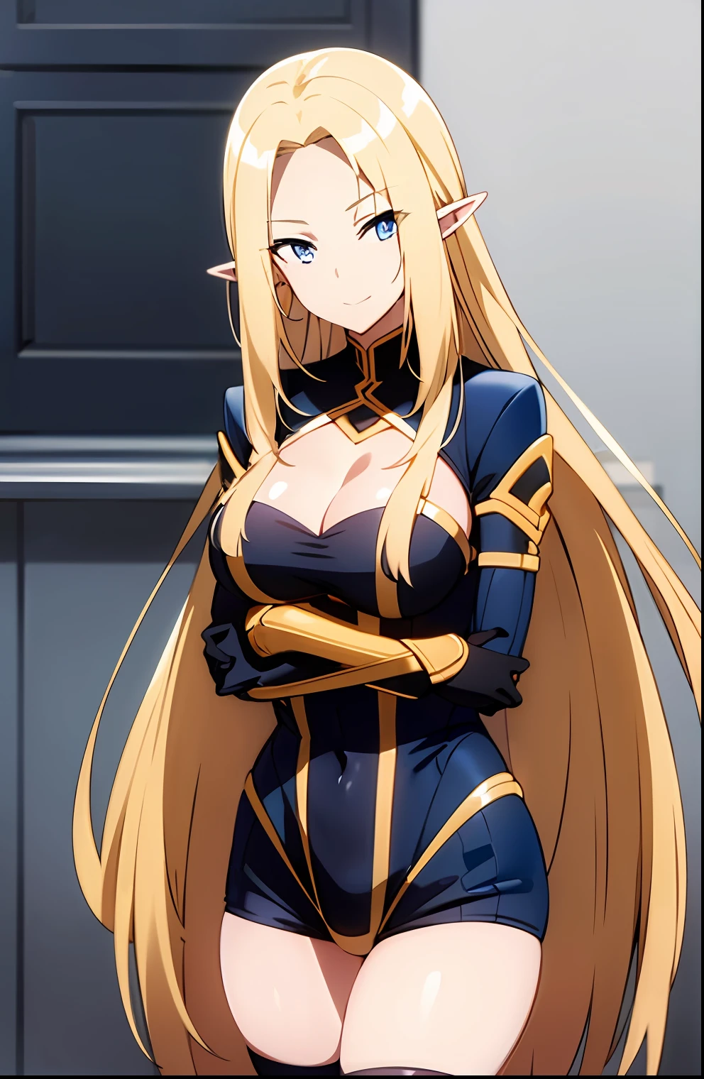 1girl, blonde_hair, blue_eyes, bodysuit, breasts, cleavage, closed_mouth, elf, long_hair, long_pointy_ears, looking_at_viewer, medium_breasts, pointy_ears, simple_background, smile, solo, very_long_hair,