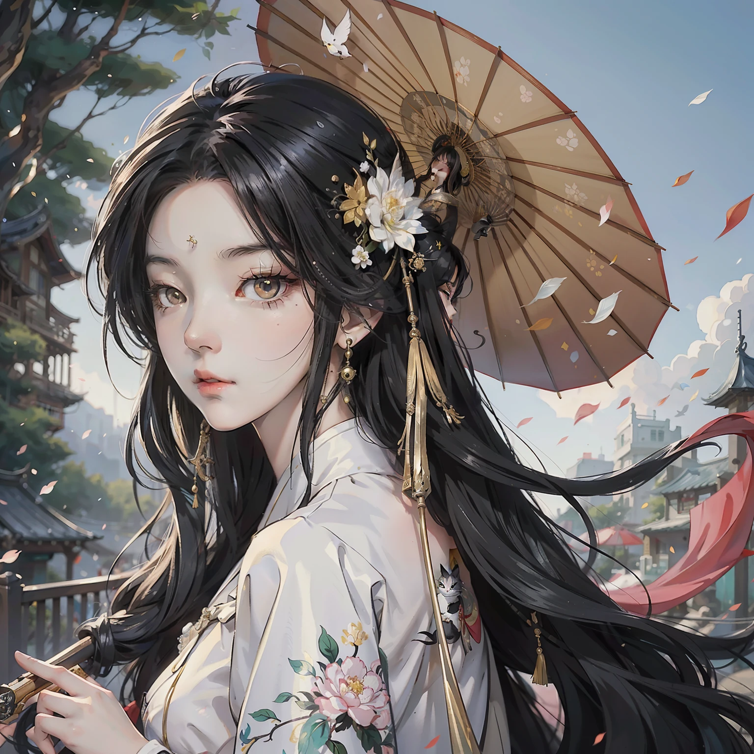 there are two pictures of a woman with an umbrella and a cat, artwork in the style of guweiz, guweiz, beautiful character painting, guweiz on artstation pixiv, guweiz on pixiv artstation, stunning anime face portrait, beautiful digital artwork, wlop rossdraws, detailed digital anime art, guweiz masterpiece