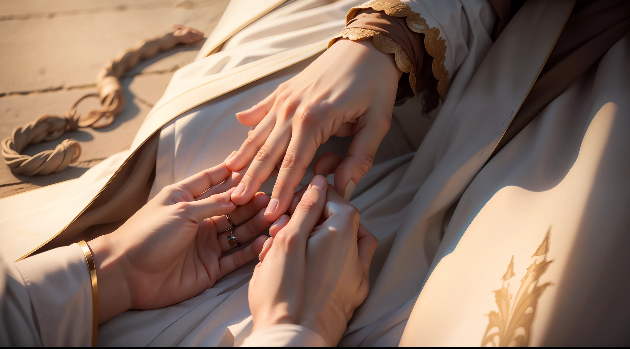 A close-up of the woman's hand as it makes contact with Jesus' robe, capturing the moment of connection.
