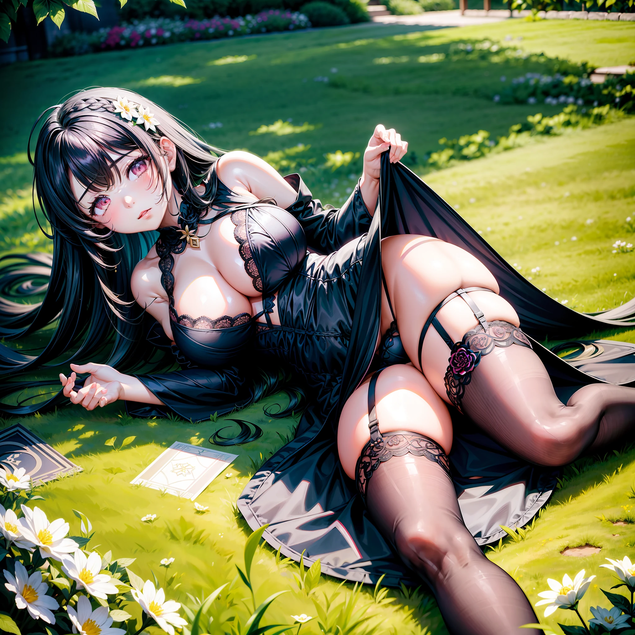 1girll,独奏,on the garden,lying on the grass ground,cabelos preto e longos,Flower hair card,Black dress,black lence stockings,Lori huge breasts cleavage,Full thighs,Childlike big breasts,Pink eyes,A coquettish expression,Bare feet,Full body photo