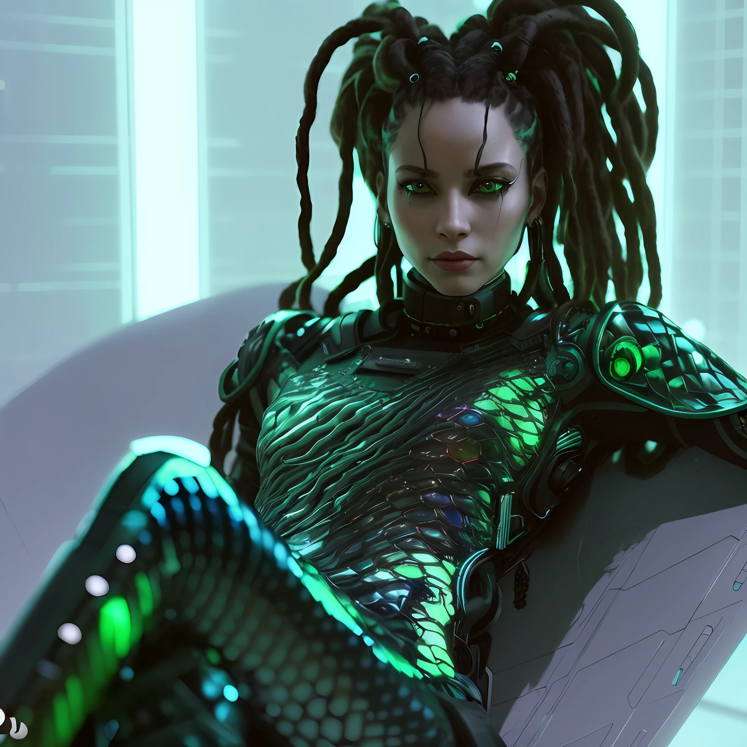 there is a woman with dreadlocks sitting on a chair, cyberpunk medusa, cybernetic dreadlocks, sci-fi female, in cyberpunk style, cyberpunk women, diverse cybersuits, cybersuits, cyberpunk high fashion, cgsociety inspired, female alien, neon scales and cyborg tech, cyberpunk style ， hyperrealistic, sci - fi character, hyper-realistic cyberpunk style