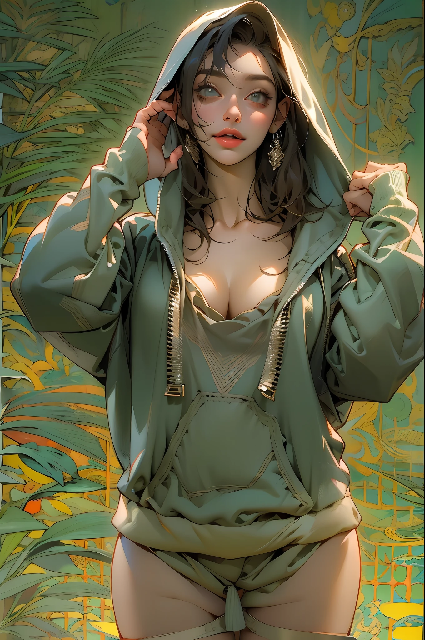 Naked hoodie, nijistyle, duas garotas, uma garota com uma blusa de moleton aberta mostrando os seios grandes e empinados, preparing coffee for your girlfriend, outra de calcinha e blusa curta, sorriso malicioso, cena sexy, lesbian, naked hoodie, nijistyle, (( melhor qualidade )), (( obra-prima))