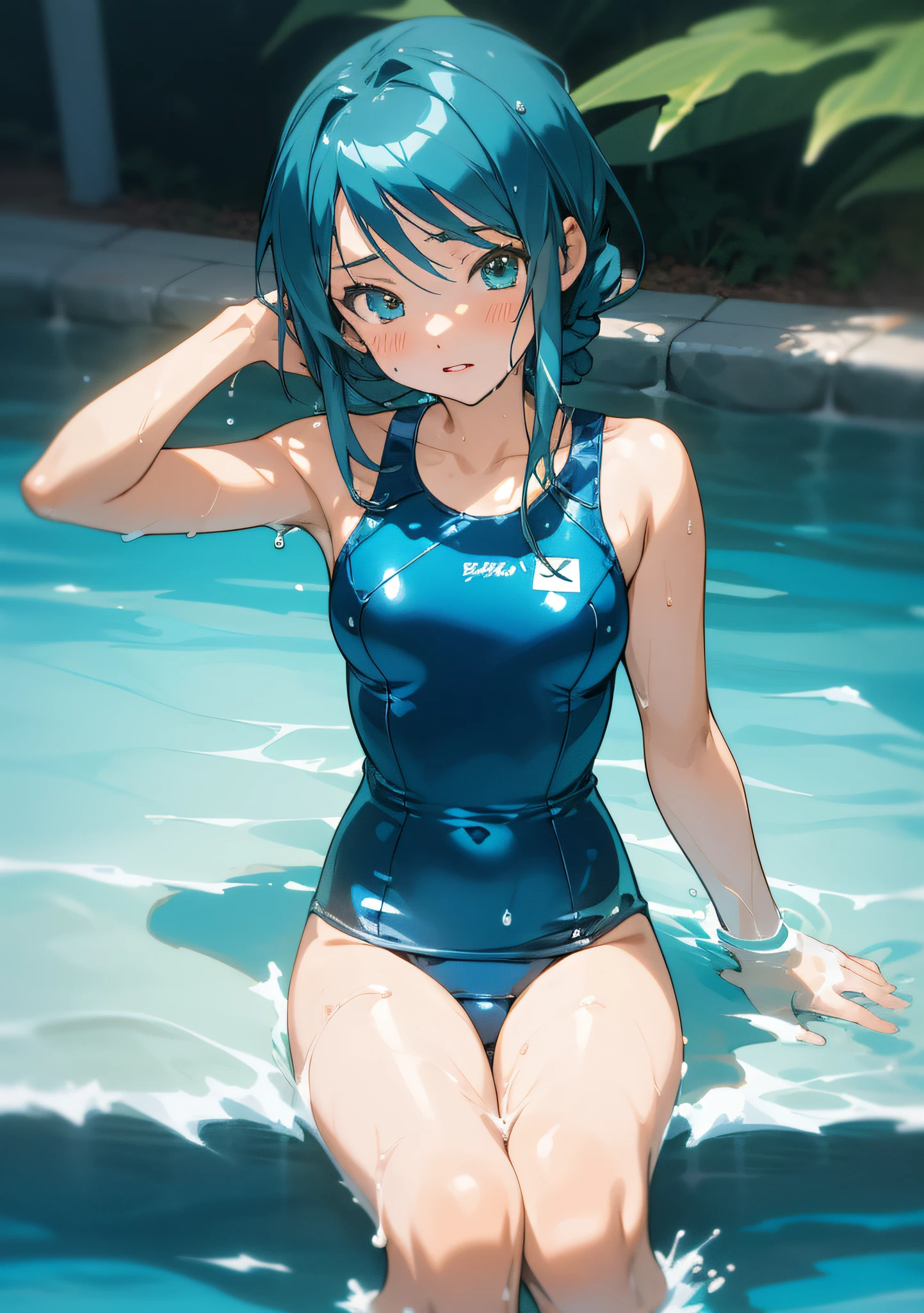 Anime girl in blue swimsuit sitting in the water, wearing a swimming wear, Wet swimsuit, Swimsuit, swim wears, anime moe art style, (Anime Girl), Wallpaper Anime Blue Water, Seductive Anime Girl, in water, Beautiful anime girl, Cute anime girl, In the water, pretty anime girl, marin kitagawa fanart, cute girl wearing a tank suit, charming anime girls