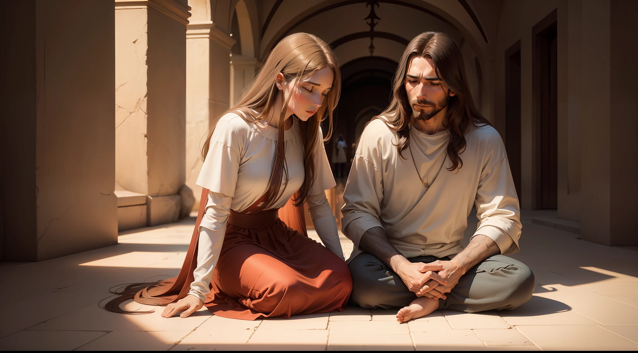 Jesus bending down to address the woman, his words of comfort and healing radiating kindness.