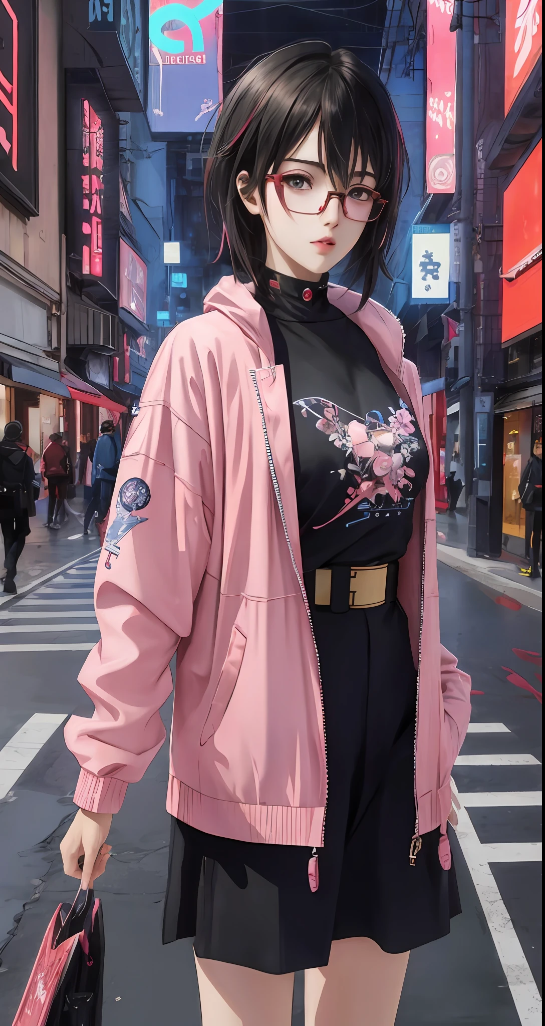 Anime girl with glasses and a pink jacket, Art not Guweiz style, retrato bonito do anime, menina cyberpunk sonhadora, garota anime cyberpunk, Arte de anime realista, Estilo anime. 8k, Digital Cyberpunk - Arte de Anime, arte de anime digital detalhada, Estilo anime 4K, anime vibes, Estilo de anime 3D realista, Guweiz, arte digital do anime cyberpunk