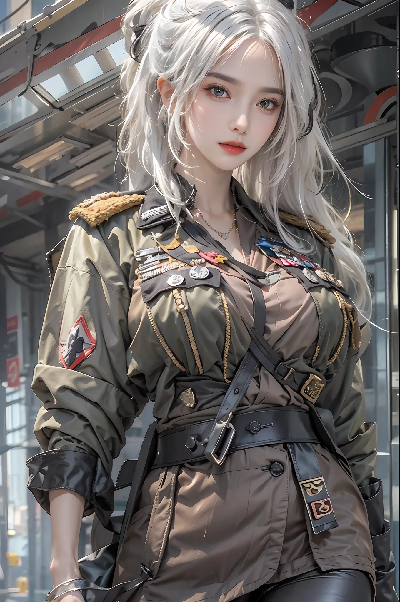 photorealistic, high resolution, 1women, solo, hips up, look at viewer, (detailed face), white hair, long hair, military uniform, jewelry