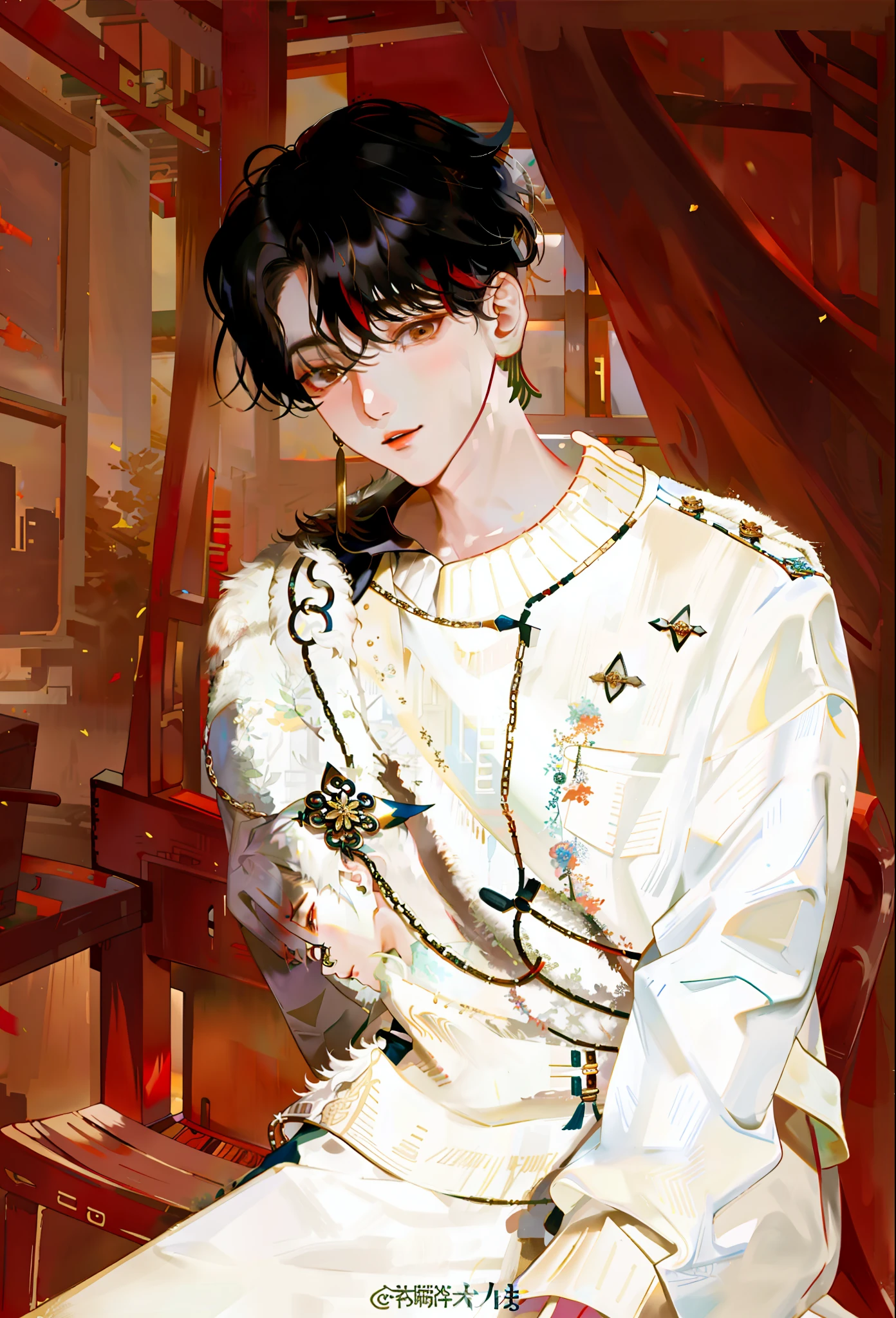 Close-up of a person sitting in a chair in a sweater, Wang Junkai, Inspired by Bian Shoumin, , yanjun cheng, Kim Do-young, shaxi, inspired by Huang Gongwang, Yan, jia, brunette color hair，youth, fundo vermelho，official photo, ten lee, park jimin