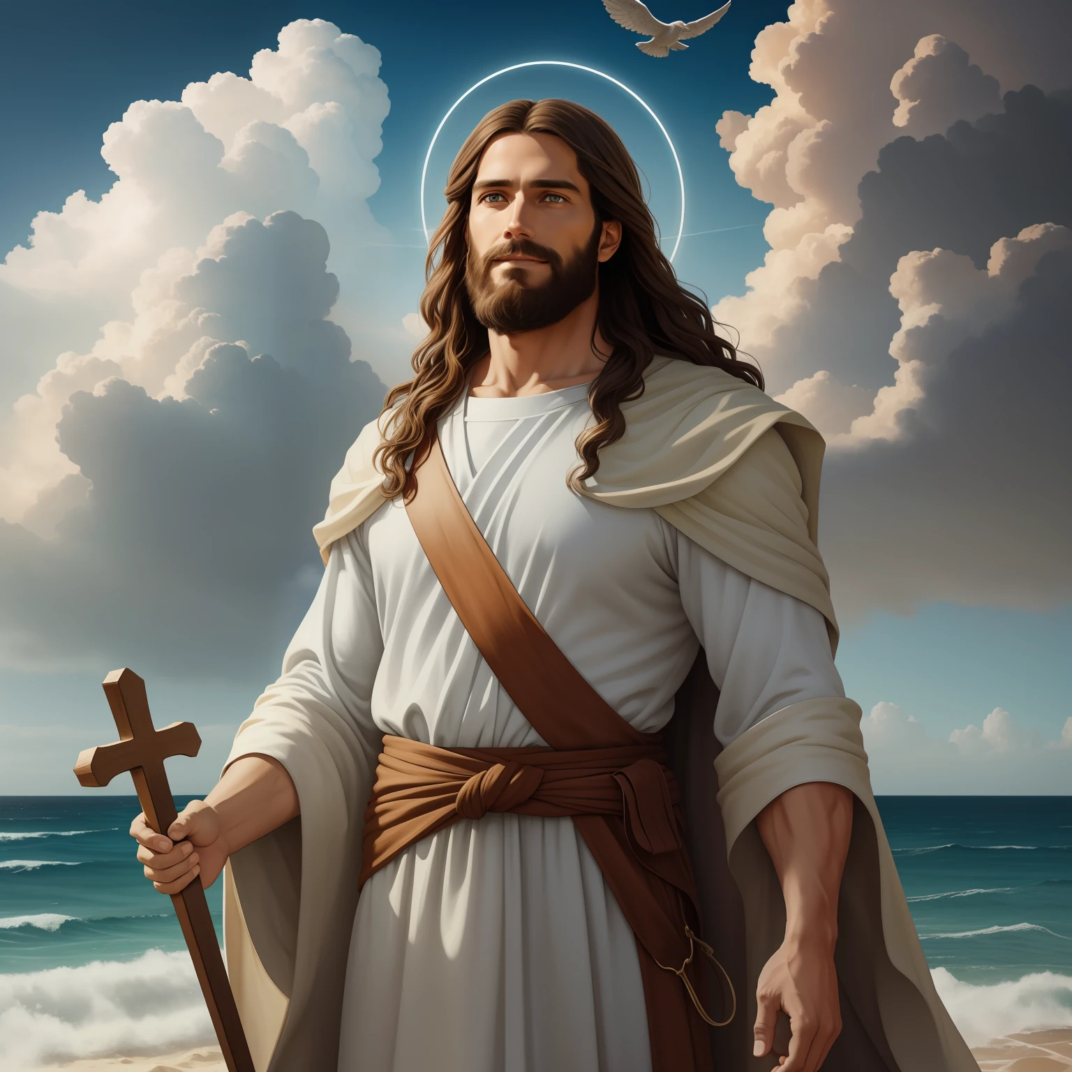 A handsome god Jesus christ ( jesus) blessing to the sky  35 years old with a long brown hair and long beard, heaven blessings light with a cross background)  happy face, realistic 8k,A beautiful ultra-thin realistic portrait of Jesus, the prophet, a man 35 years old Hebrew brunette, short brown hair, real perfect eyes, long brown beard, with, Helping People , wearing long linen tunic closed on the chest part, in front view, full body, biblical, realistic,by Diego Velázquez,Peter Paul Rubens,Rembrandt,Alex Ross,8k, Concept Art, PhotoRealistic, Realistic,  Illustration, Oil Painting, Surrealism, HyperRealistic, helping people , Digital art, style, watercolorReal Jesus flying on sky with a flying cloud in the background, Jesus walking on water, biblical illustration, epic biblical representation, forcing him to flee, coming out of the ocean, ! holding in hand!, disembarking, god of the ocean, beautiful representation, 8k 3D Model, realistic,
a 3D Realistic of jesus with a halo in the sky, jesus christ, smiling in heaven, portrait of jesus christ, jesus face, 35 young almighty god, portrait of a heavenly god, greg olsen, gigachad jesus, jesus of nazareth, jesus, the face of god, god looking at me, he is greeting you warmly, he is happy, avatar image