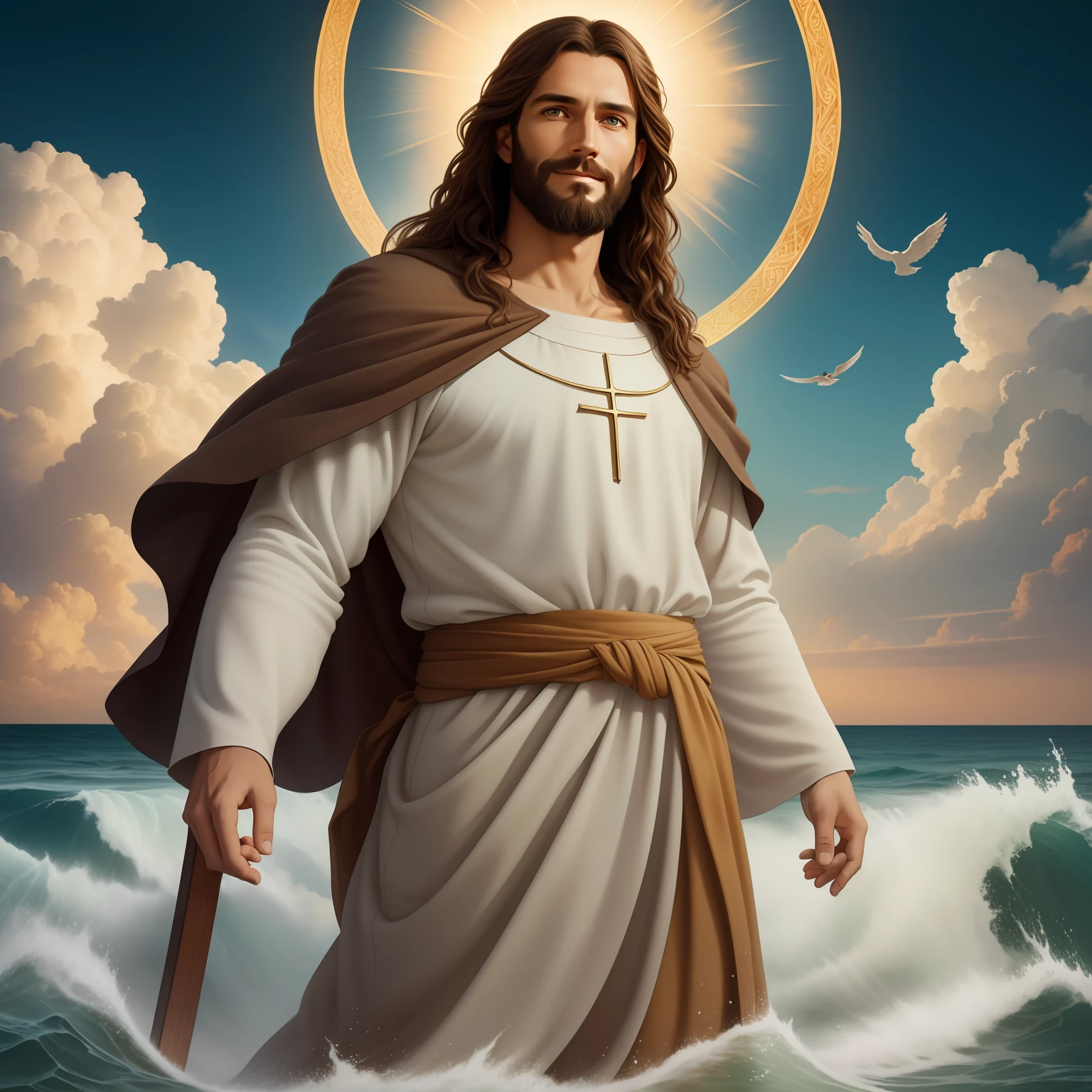 A handsome god Jesus christ ( jesus) blessing to the sky  35 years old with a long brown hair and long beard, healing woman, heaven blessings light with a cross background)  happy face, realistic 8k,A beautiful ultra-thin realistic portrait of Jesus, the prophet, a man 35 years old Hebrew brunette, short brown hair, real perfect eyes, long brown beard, with, Helping People , wearing long linen tunic closed on the chest part, in front view, full body, biblical, realistic,by Diego Velázquez,Peter Paul Rubens,Rembrandt,Alex Ross,8k, Concept Art, PhotoRealistic, Realistic,  Illustration, Oil Painting, Surrealism, HyperRealistic, helping people , Digital art, style, watercolorReal Jesus flying on sky with a flying cloud in the background, Jesus walking on water, biblical illustration, epic biblical representation, forcing him to flee, coming out of the ocean, ! holding in hand!, disembarking, god of the ocean, beautiful representation, 8k 3D Model, realistic,
a 3D Realistic of jesus with a halo in the sky, jesus christ, smiling in heaven, portrait of jesus christ, jesus face, 35 young almighty god, portrait of a heavenly god, greg olsen, gigachad jesus, jesus of nazareth, jesus, the face of god, god looking at me, he is greeting you warmly, he is happy, avatar image