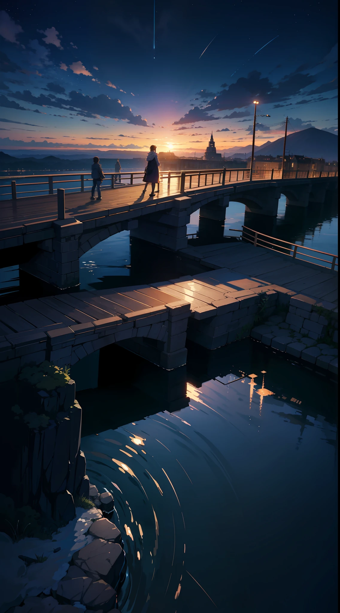 High quality masterpiece, landscape, anime train passing through bodies of water on tracks, bright starry sky. Romantic train, pixiv, concept art, lofi art style, reflection. by Makoto Shinkai, lofi art, Beautiful anime scene, Anime landscape, detailed scenery —width 672, in style of Makoto shinkai, style of Makoto shinkai, enhanced details.