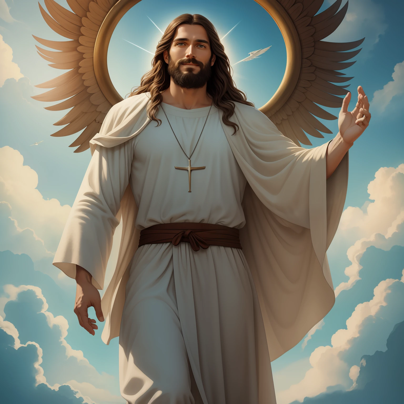 A handsome god Jesus christ ( jesus) blessing to the sky 35 years old with a long brown hair and long beard, heaven blessings light with a cross background) happy face, realistic 8k,A beautiful ultra-thin realistic portrait of Jesus, the prophet, a man 35 years old Hebrew brunette, short brown hair, real perfect eyes, long brown beard, with, Helping People , wearing long linen tunic closed on the chest part, in front view, full body, biblical, realistic,by Diego Velázquez,Peter Paul Rubens,Rembrandt,Alex Ross,8k, Concept Art, PhotoRealistic, Realistic, Illustration, Oil Painting, Surrealism, HyperRealistic, helping people , Digital art, style, watercolorReal Jesus flying on sky with a flying cloud in the background, Jesus walking on water, biblical illustration, epic biblical representation, forcing him to flee, coming out of the ocean, ! holding in hand!, disembarking, god of the ocean, beautiful representation, 8k 3D Model, realistic,
a 3D Realistic of jesus with a halo in the sky, jesus christ, smiling in heaven, portrait of jesus christ, jesus face, 35 young almighty god, portrait of a heavenly god, greg olsen, gigachad jesus, jesus of nazareth, jesus, the face of god, god looking at me, he is greeting you warmly, he is happy, avatar image