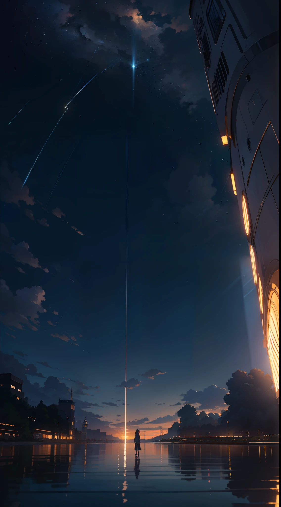 High quality masterpiece, landscape, anime train passing through bodies of water on tracks, bright starry sky. Romantic train, pixiv, concept art, lofi art style, reflection. by Makoto Shinkai, lofi art, Beautiful anime scene, Anime landscape, detailed scenery —width 672, in style of Makoto shinkai, style of Makoto shinkai, enhanced details.