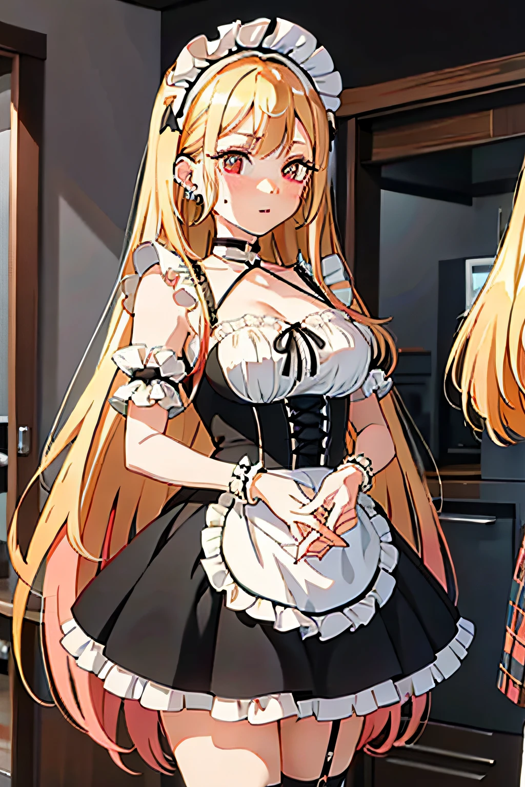 1girl in, kitagawa marin, The long-haired, blonde  hair, Akame, piercings, 耳环, ear piercings, Stud earrings, Black choker, wrist scrunchie, long claws, gals, (maid dress:1.2), full of shyness, Maid headdress,, , (​masterpiece:1.2), Hi-Res, top-quality, 8k, extremely clear,Miniskirt