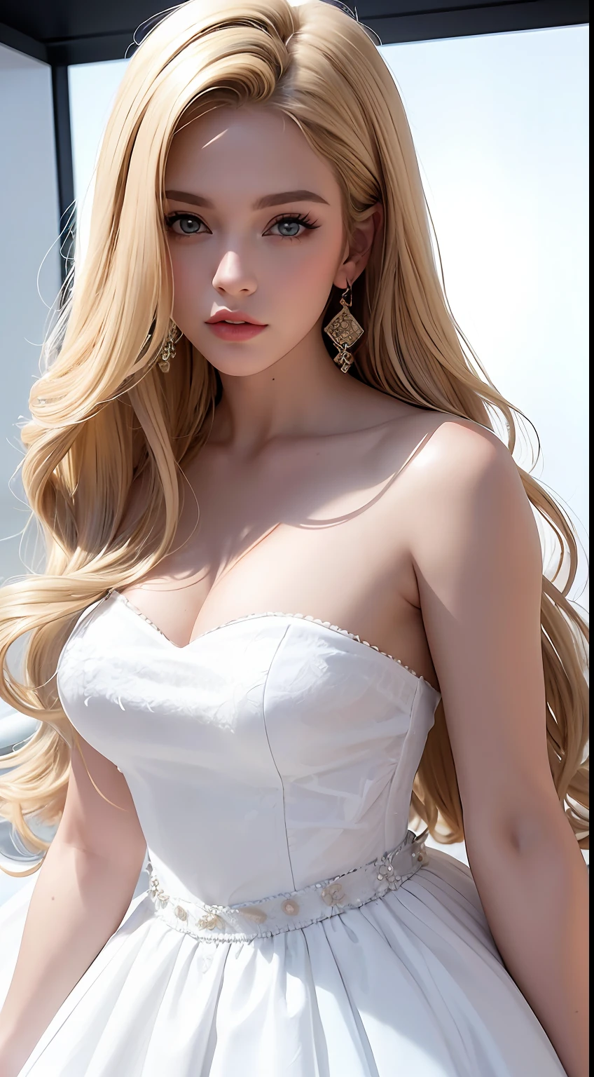 European and American women, A fashion model, Wearing a white fluffy dress, Glamour, paparazzi taking pictures of her, Blonde hair, Brown eyes, 8K, High quality, Masterpiece, Best quality, HD, Extremely detailed, voluminetric lighting, Photorealistic