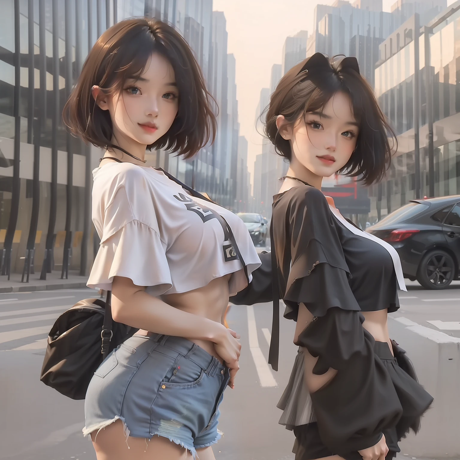 ((Best Quality, 8K, Masterpiece: 1.3)), Focus: 1.2, Perfect Body Beauty: 1.4, Buttocks: 1.2, ((Layered Haircut: 1.2)), (Dark Street: 1.3), (Highly detailed face and skin texture: 1.3), Full body, Fine eyes, Double eyelids, Whitening skin, (Hairstyle casual, Big breasts: 1.2), (Loose crop top, Shorts: 1.6)