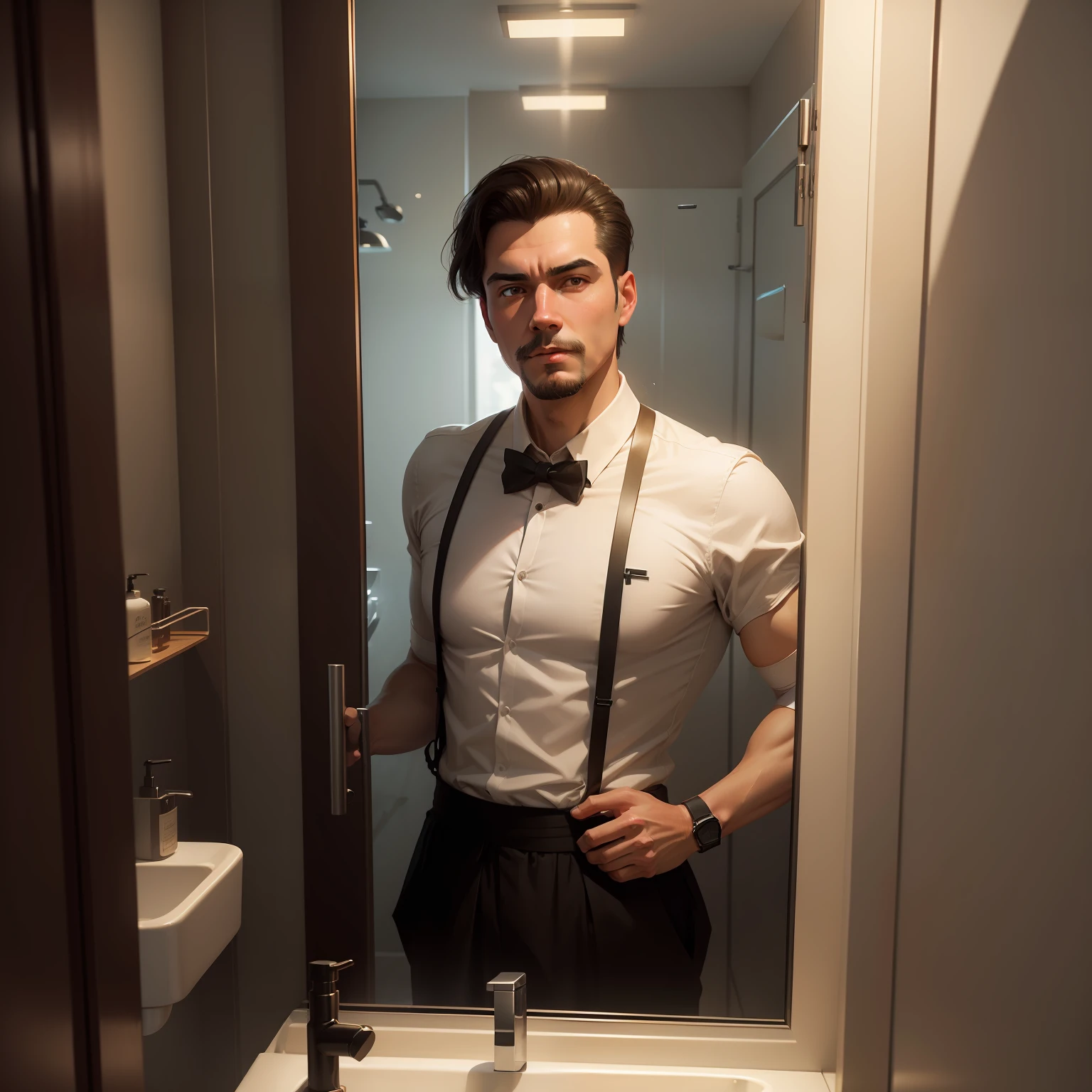 a man taking a selfie in a bathroom, a picture by Zlatyu Boyadzhiev, Artstation, socialist realism, ilya kuvshinov, #myportfolio, vray
