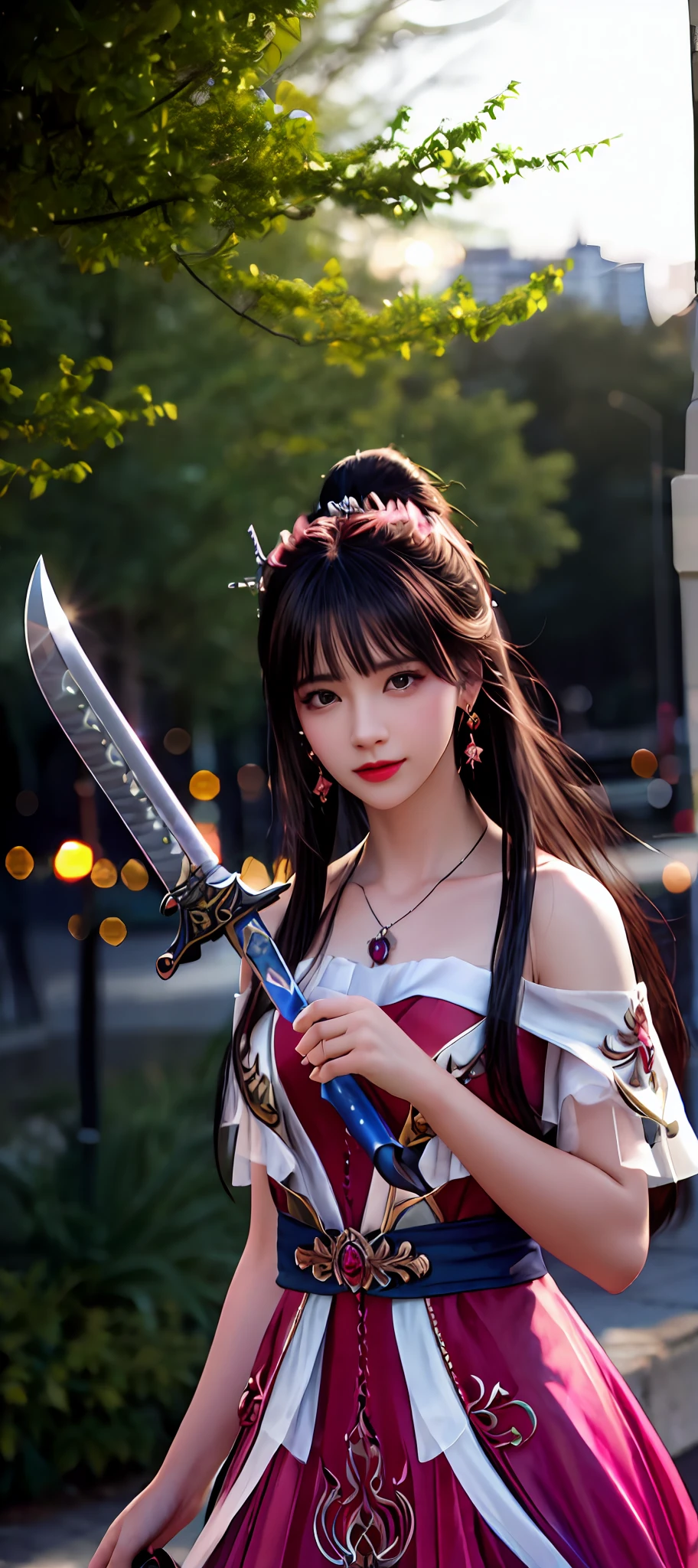 realisticity: 1.2), best quality, masterpiece, highres, super detail, ultra detail, cg, 1girl, weapon, sword, long hair, dress, water, solo, jewelry, red dress, earrings, hair ornament, splashing, upper body super realistis, hair bun, blue and pink hair, city backgraun realistis, lighting,candid, Photograph, high resolution, 8k, 10k, Bokeh,