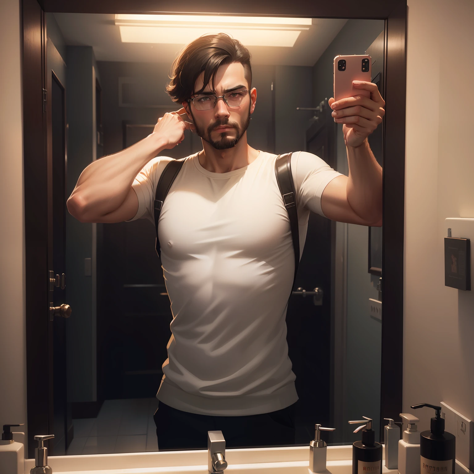 a man taking a selfie in a bathroom, a picture by Zlatyu Boyadzhiev, Artstation, socialist realism, ilya kuvshinov, #myportfolio, vray