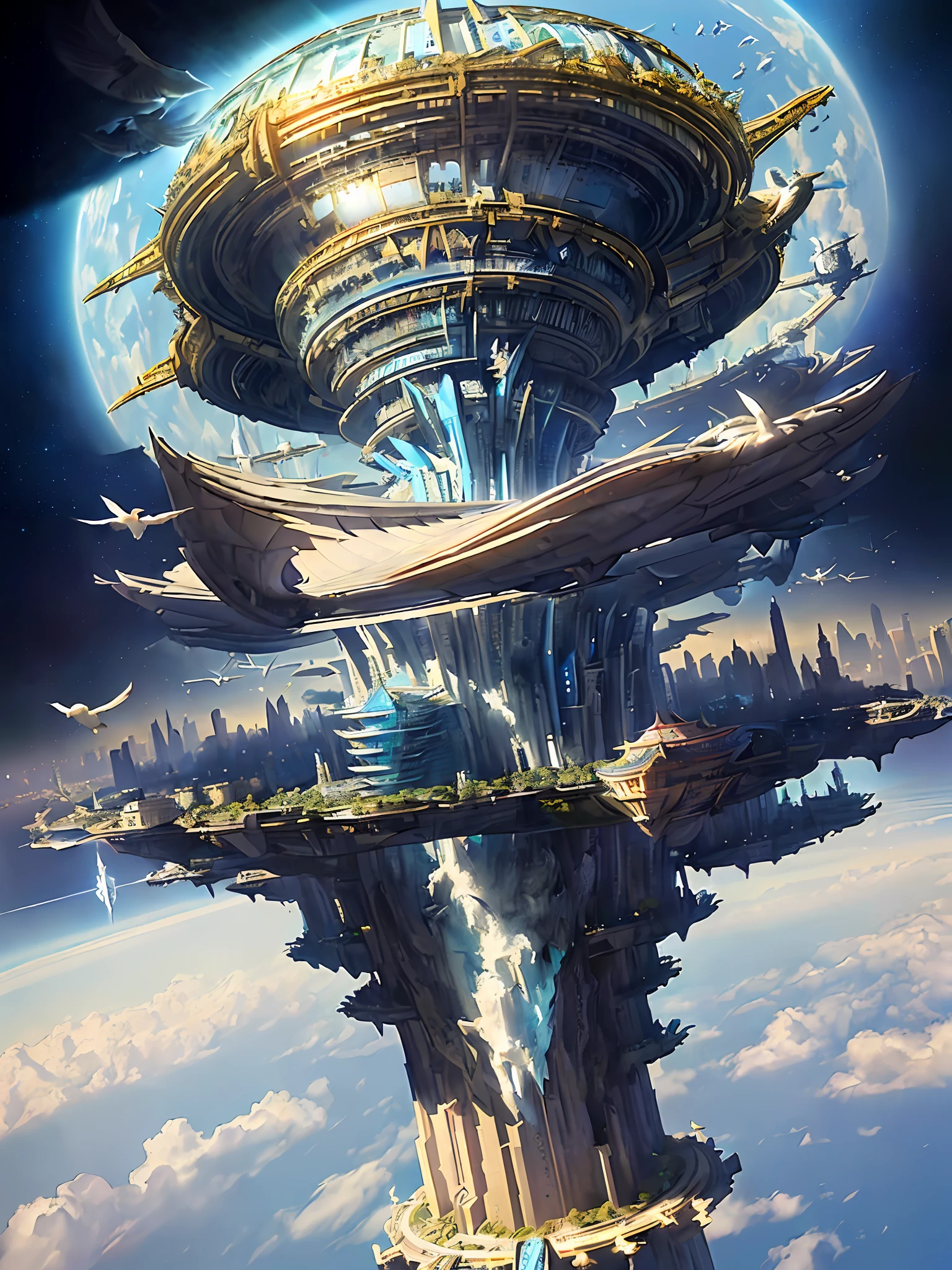 bird's eyes view,(sky cities),Stacked buildings on top of the city on giant towers and rings,There are many arches and bridges,and the sci-fi crystal cathedral with flying buttresses,waterfallr,Many ships,Matte painting by James Gurney,Trends on CGSociety,Supersaturation,Super sharp,Ultra-realistic
