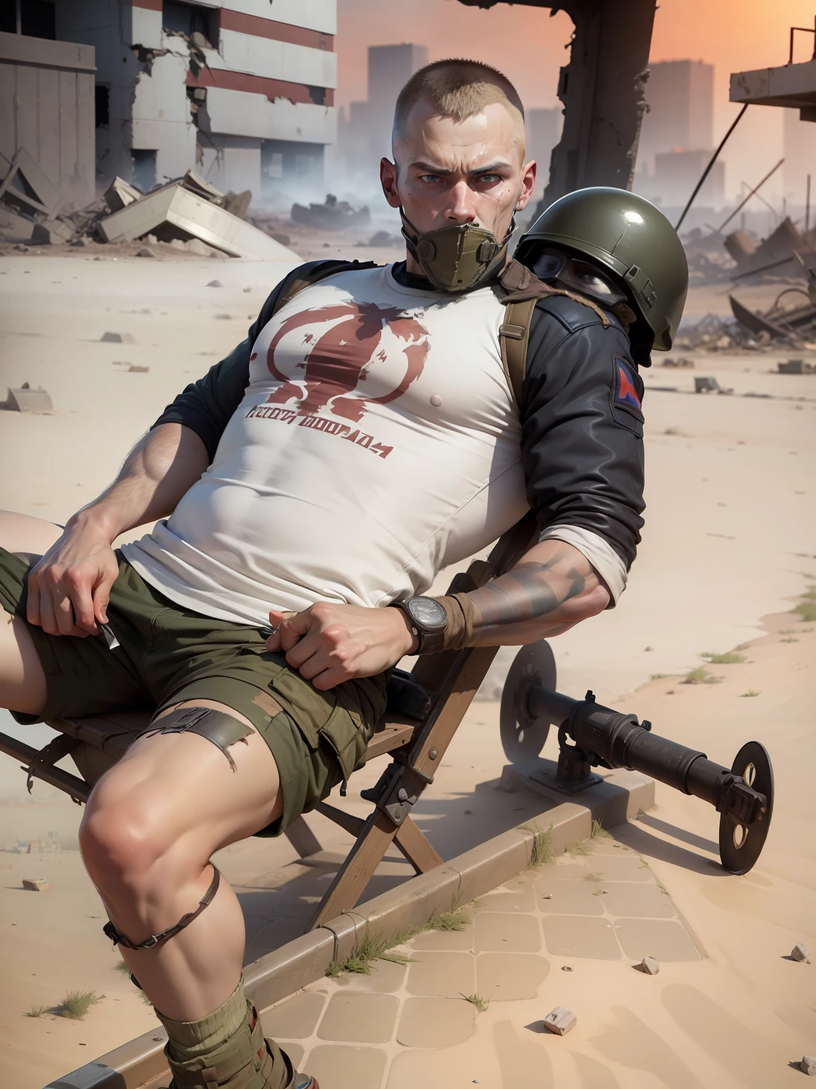 "A Russian soldier in army clothes, gripping a knife tightly in one hand and holding a soldier's mask in the other, hands and face hurt seated on top of a destroyed army car on a dusty ground, with the backdrop of a desolate and devastated city on fire."