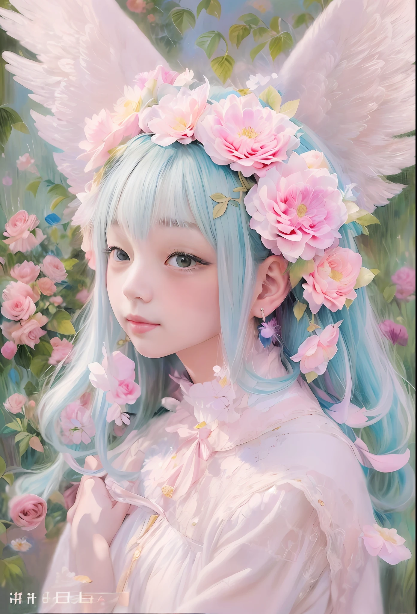 kawaii、Pale pink color illustration、(Angel wings、😇、a smile、😌🥰Archaic Smile).hyper realstic、Ultra-realistic、Depiction of the human body without distortion、Monna Lisa、Woman in the Arms、Near and far law、Three-dimensional、Contemporary painting、moderno、world masterpiece、collection、Homage to the art or artist work of Picasso and Renoir, Not sentimental、Excellent portrayal、Gentle expression、More detailed character faces, Serious competition、Compositions like paintings、(Konmutsuki_Gacha_Series 1, punk_rosette), Realistic、Delicate brushwork、aqua color flowers, (Full body, elegant flowers background)