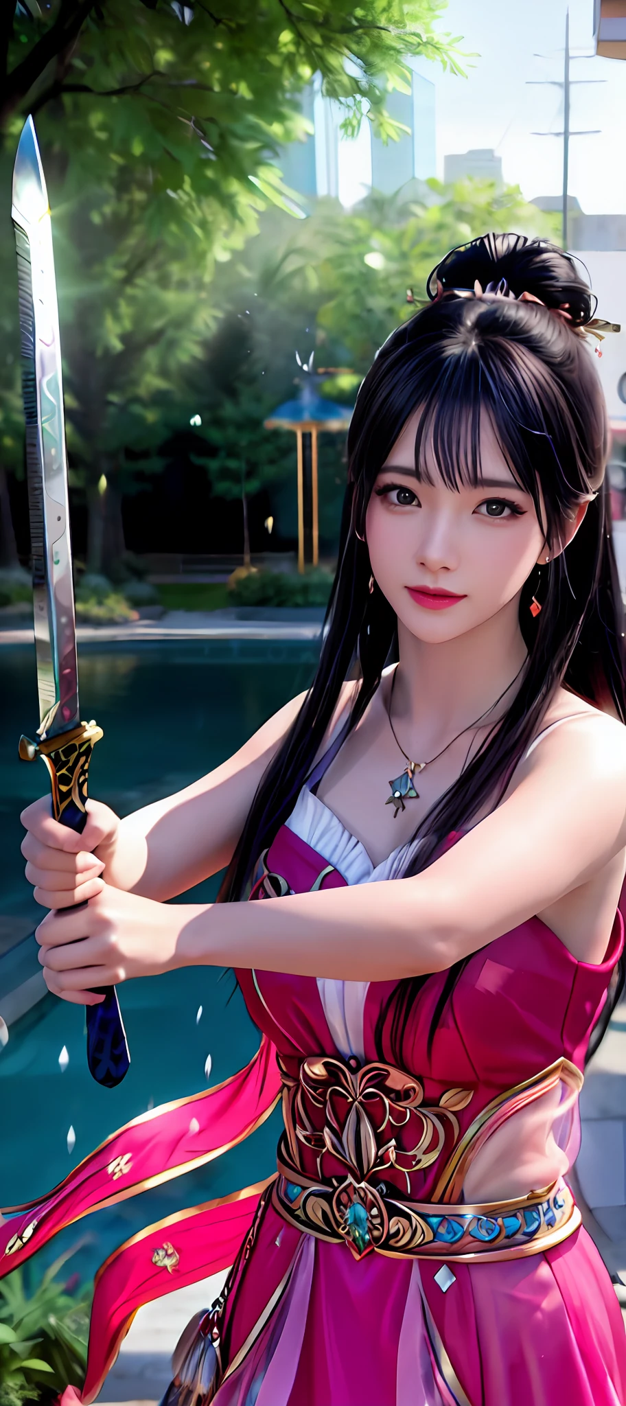 realisticity: 1.2), best quality, masterpiece, highres, super detail, ultra detail, cg, 1girl, weapon, sword, long hair, dress, water, solo, jewelry, red dress, earrings, hair ornament, splashing, upper body super realistis, hair bun, blue and pink hair, city backgraun realistis, lighting,candid, Photograph, high resolution, 8k, 10k, Bokeh,