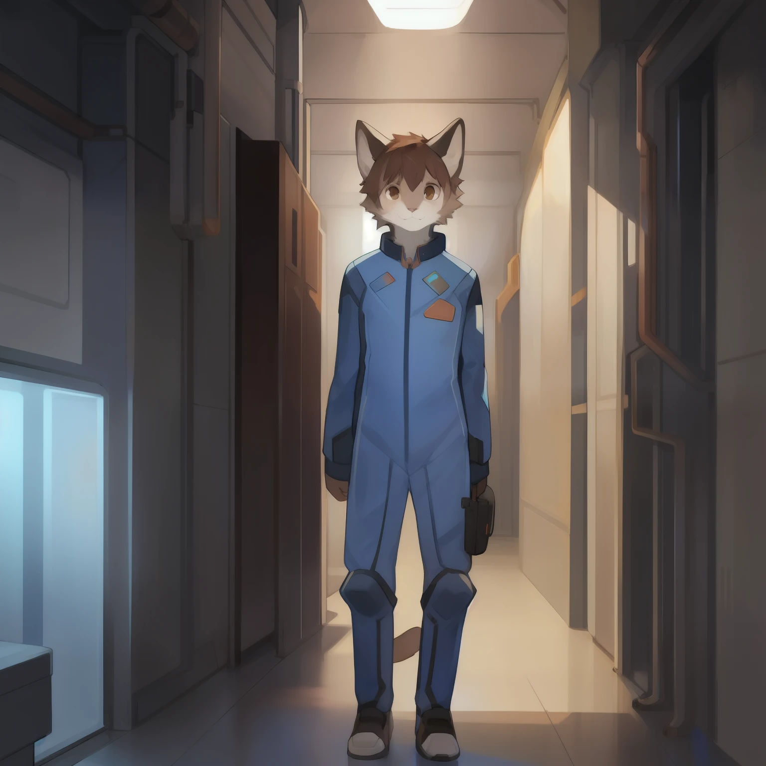 Solo, standing, sci fi hallway, male, by bebebebebe, blue spacesuit, hair, ((snout)), feline, grey fur, brown eyes, short brown hair with copper highlights, detailed eyes, facing viewer