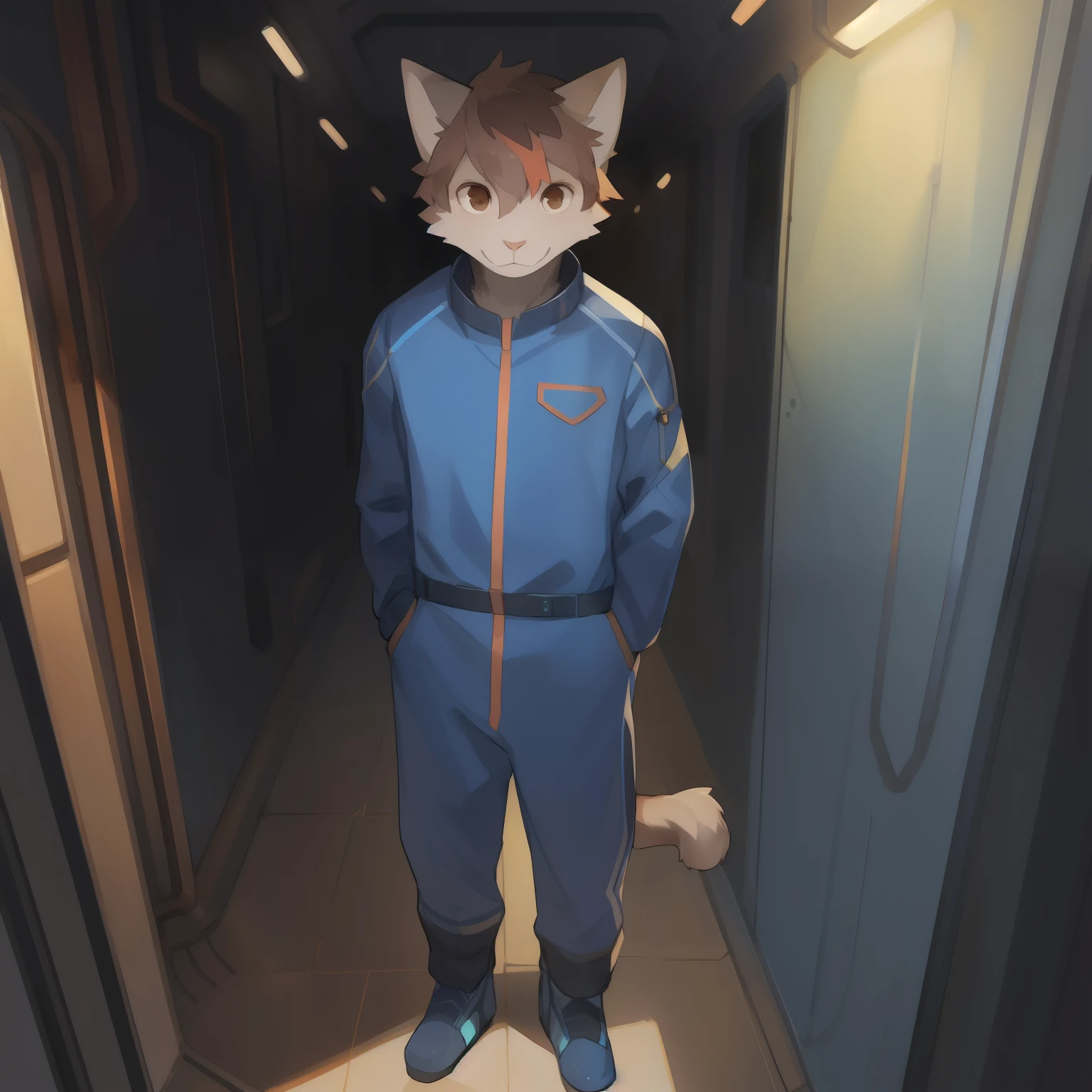 Solo, standing, sci fi hallway, male, by bebebebebe, blue spacesuit, hair, ((snout)), feline, grey fur, brown eyes, short brown hair with copper highlights, detailed eyes, facing viewer