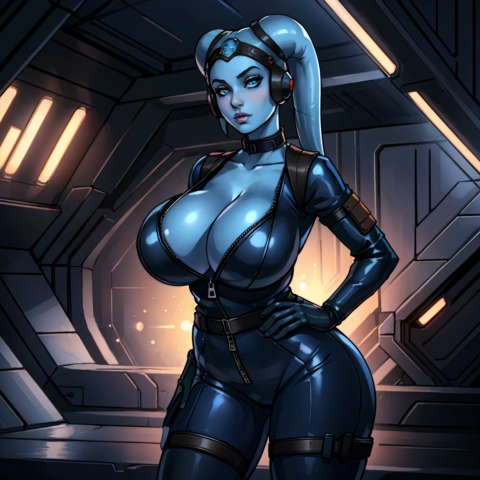 (masterpiece:1.2, best quality:1.2, beautiful, high quality, highres:1.1, aesthetic), detailed, extremely detailed, ambient soft lighting, 4K, perfect eyes, perfect face, perfect lighting, 1girl, (((blue skin)), twi'lek), (wearing black leather jumpsuit, flight suit, unzipped, utility belt, fingerless gloves, rolled sleeves, long boots, ((busty), slender body, thin, slim sexy body, slim waist, (((gigantic breasts), big cleavage))), Imperial starship, Star Wars,