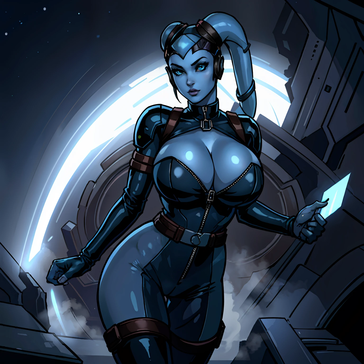 (masterpiece:1.2, best quality:1.2, beautiful, high quality, highres:1.1, aesthetic), detailed, extremely detailed, ambient soft lighting, 4K, perfect eyes, perfect face, perfect lighting, 1girl, (((blue skin)), twi'lek), (wearing black leather jumpsuit, flight suit, unzipped, utility belt, fingerless gloves, rolled sleeves, long boots, ((busty), slender body, thin, slim sexy body, slim waist, (((huge breasts), big cleavage))), Imperial starship, Star Wars,