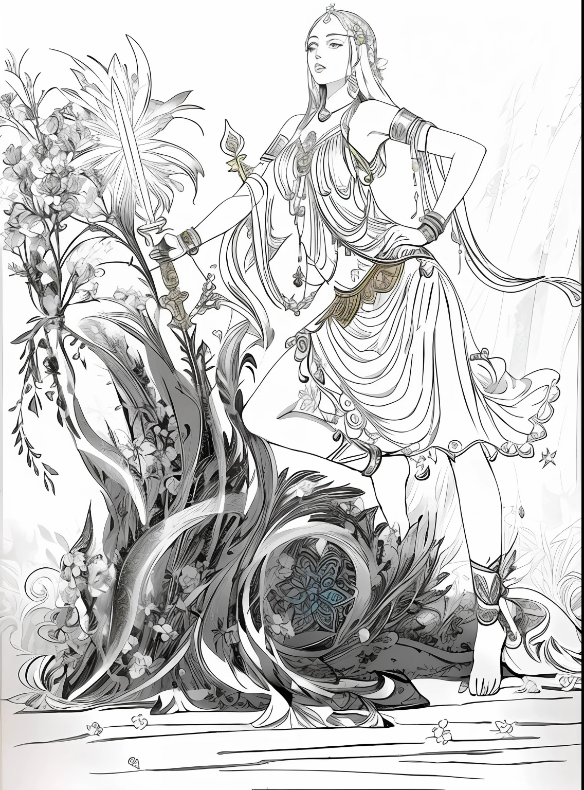 There was a fair lady with a long sword,Fair smooth skin，flowers in full bloom，It is beautiful and delicate, Gold ornaments，Turquoise decoration，Various gemstones，No clothes，beautiful  flowers，Goddess. Extremely high detail, extremely detailed goddess shot, Extremely detailed flower goddess,Blue sky，The background of the character has a light rainbow aperture， hyper HD，psychedelic goddess, goddess art, Beautiful digital artwork, Beautiful goddess，tmasterpiece，4K，Realiy，photorealestic，professional photoshooting，超高分辨率，
